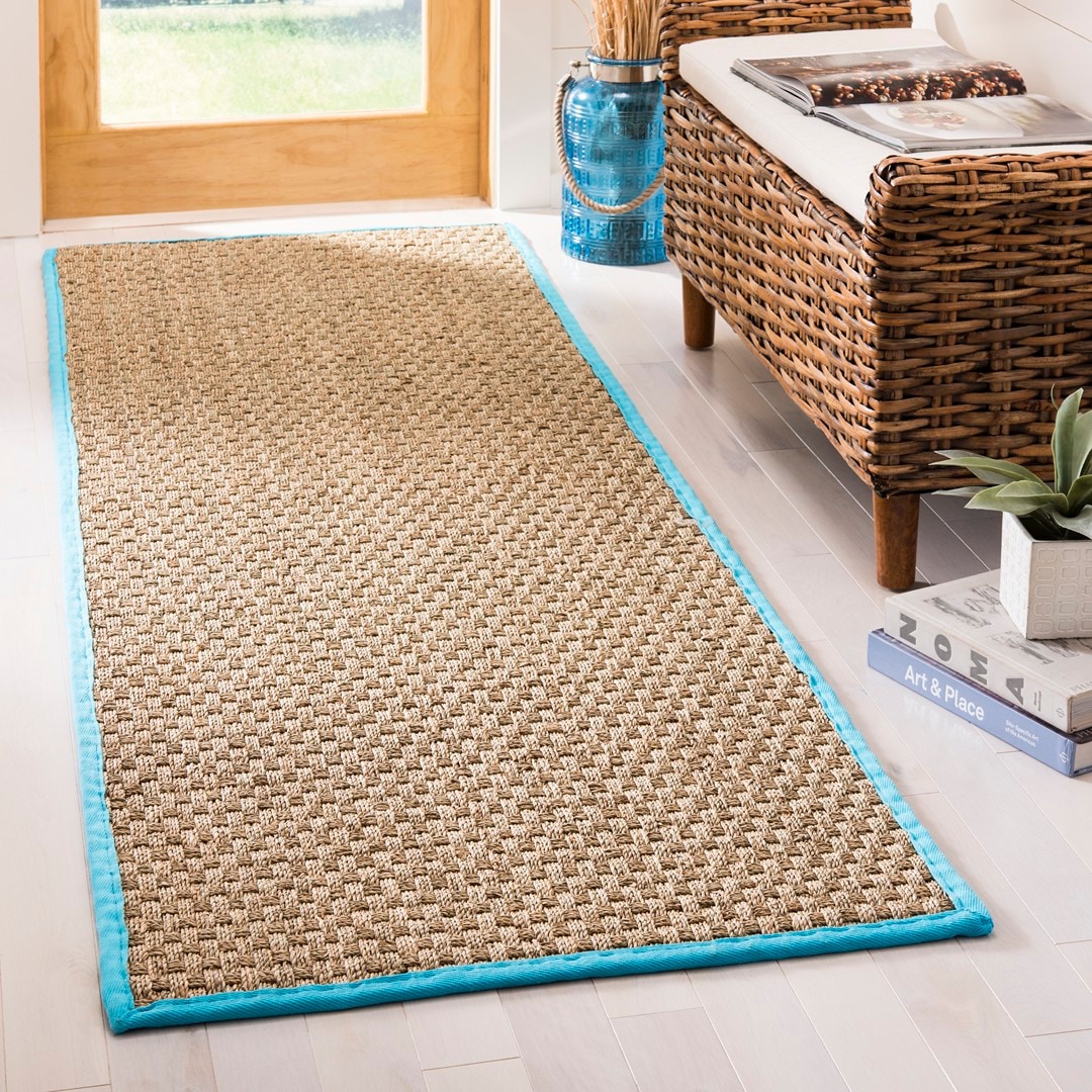 Safavieh NF114S-212 Nf Basket Weave W/Turquoise Border Natural Fiber Runner 2ft-6-in x 12ft Rug