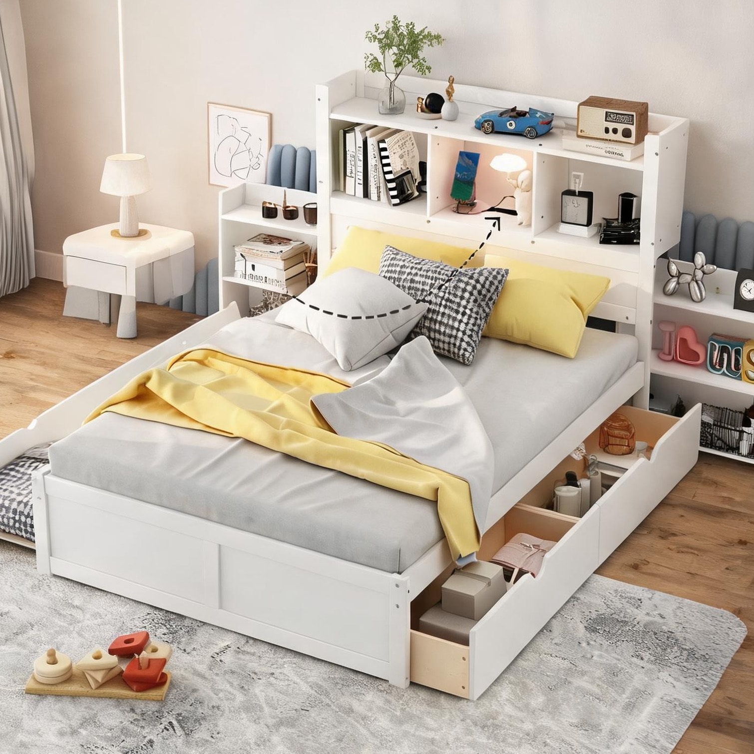 Naturefalls Full Size Wood Platform Bed with Trundle and Storage Drawers White Finish