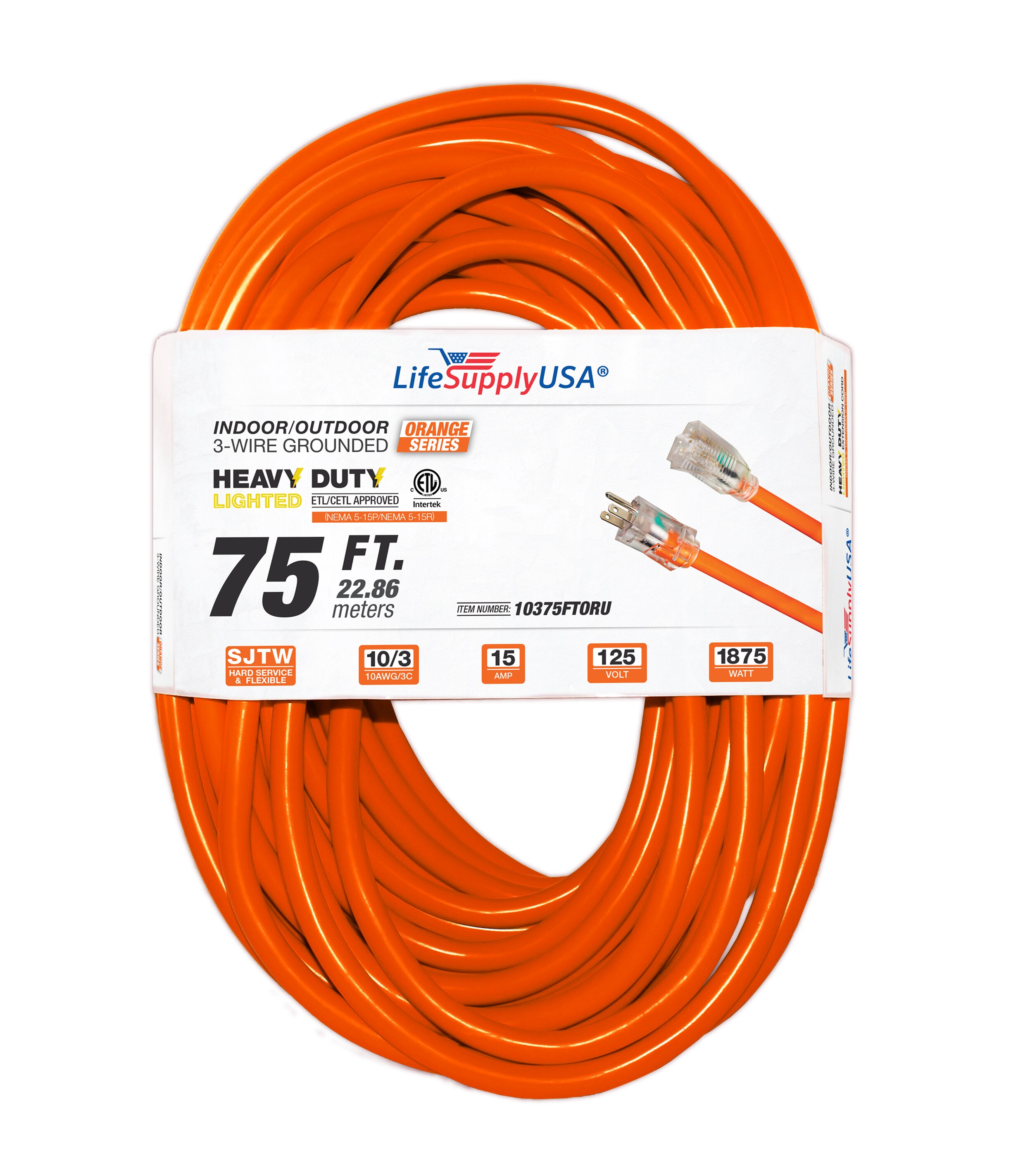 LifeSupplyUSA 75-ft 10 3-Prong Indoor/Outdoor Sjtw Heavy Duty Lighted  Extension Cord in the Extension Cords department at