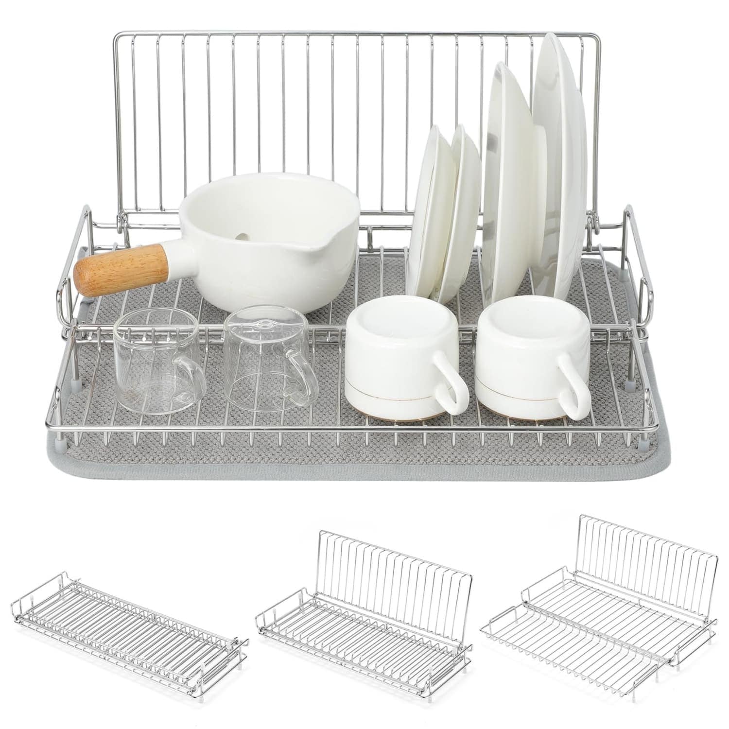 OGETFUUR 15.8x12.7x6.9in Collapsible Expandable Dish Drying Rack Stainless Steel Space-saving Portable Durable Rust-resistant Dish Rack with Microfiber Mat for Kitchen Counter Camping