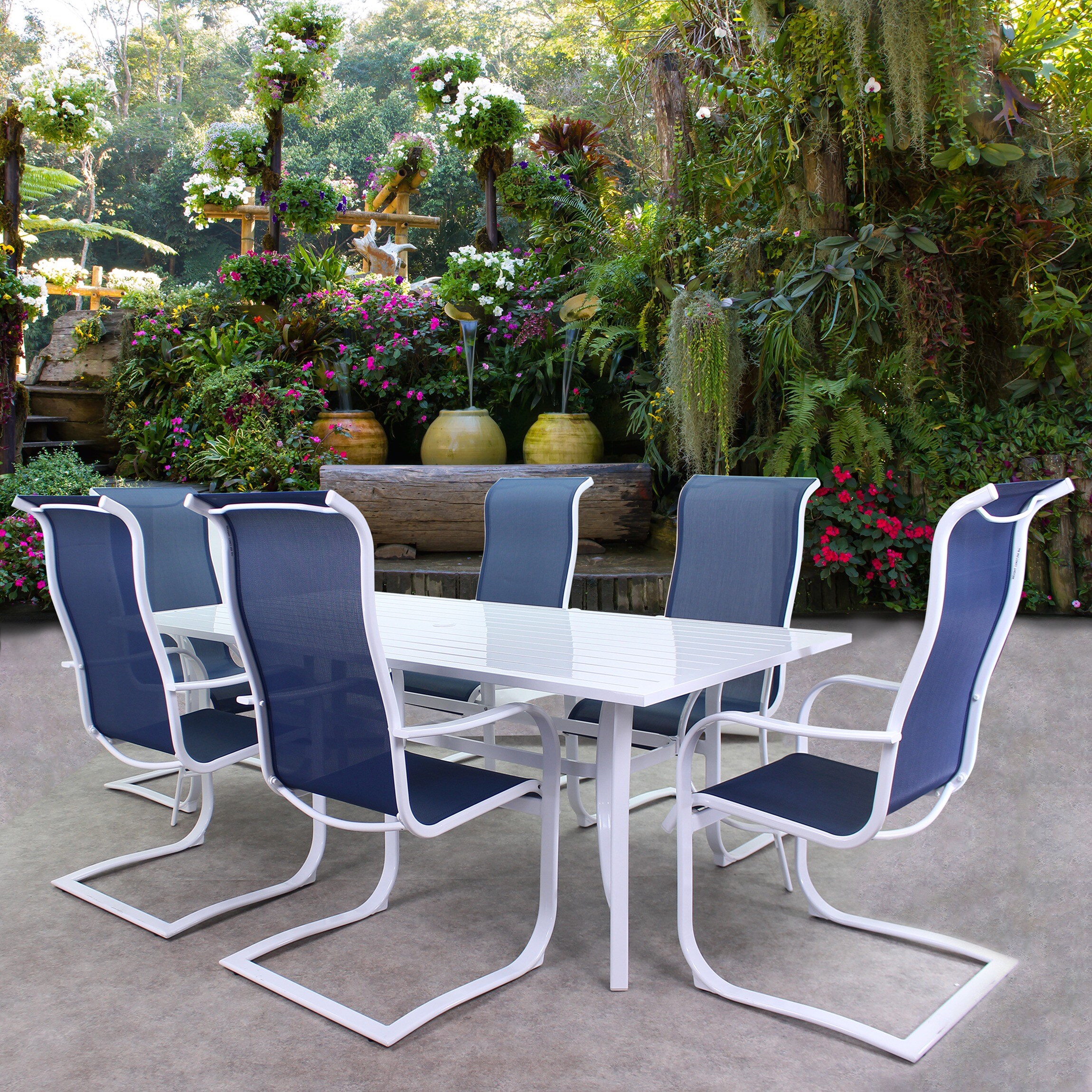 Courtyard Casual 5648 Santa Fe - White 7 -Piece White Patio Dining Set Aluminum Rectangle Table with 6 Navy Spring Motion Chairs