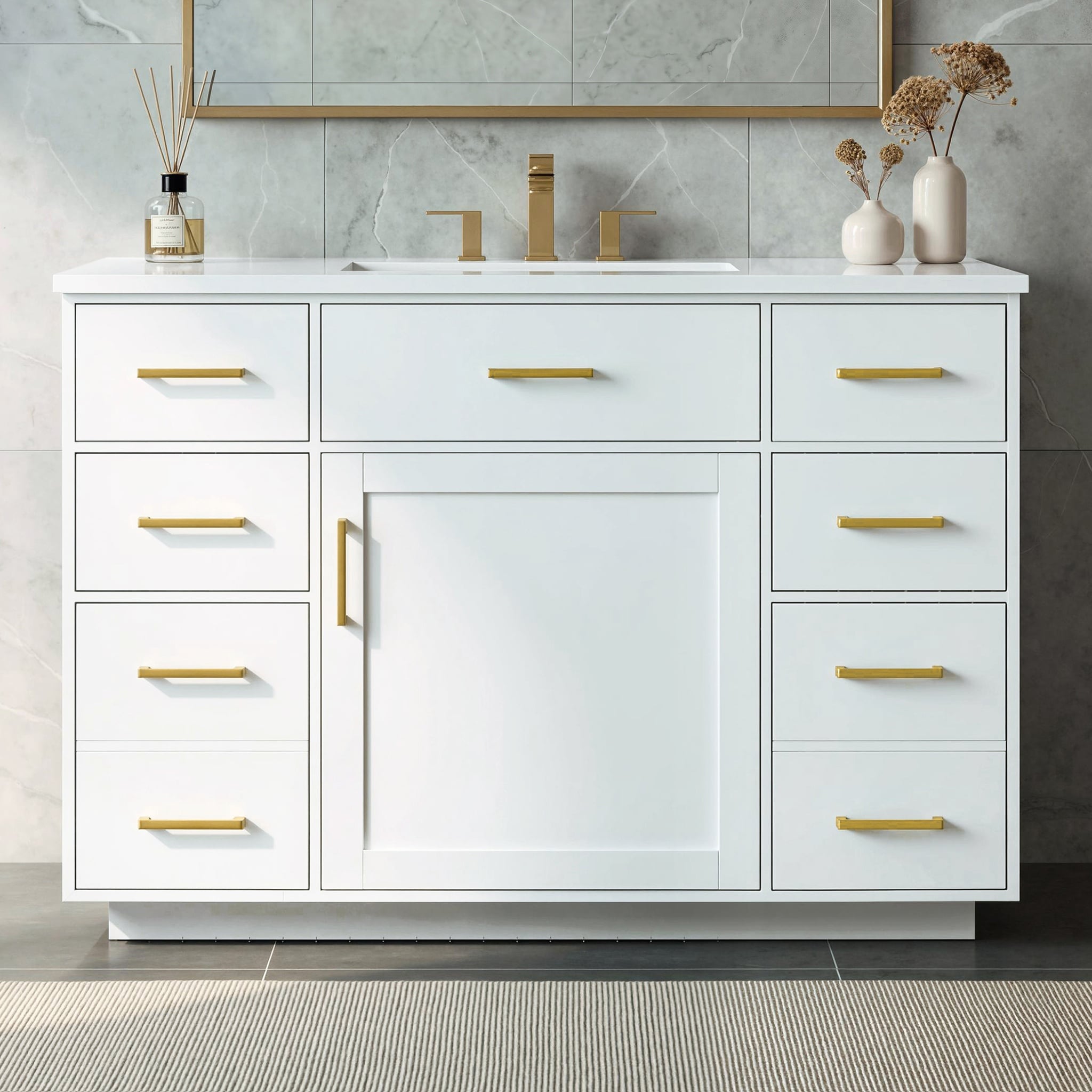 JCFL 48 Inch White Freestanding MDF Bathroom Vanity Cabinet with Composite Basin