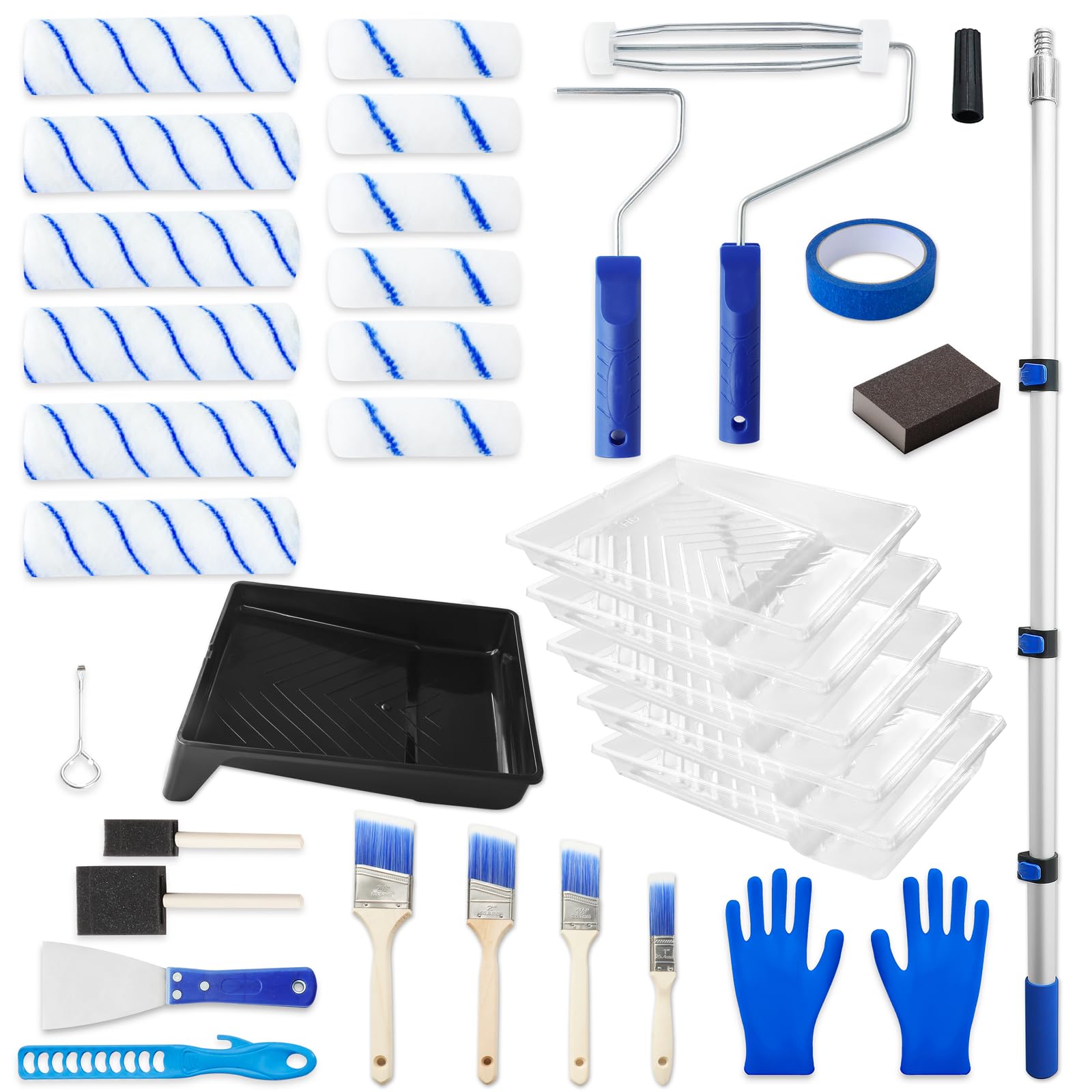 Phyfalip  Paint Roller Kit 34 Piece Set with Extension Pole Adjustable from 1 Point 6 Ft to 4 Ft Includes Brushes Roller Covers Paint Tray Liners