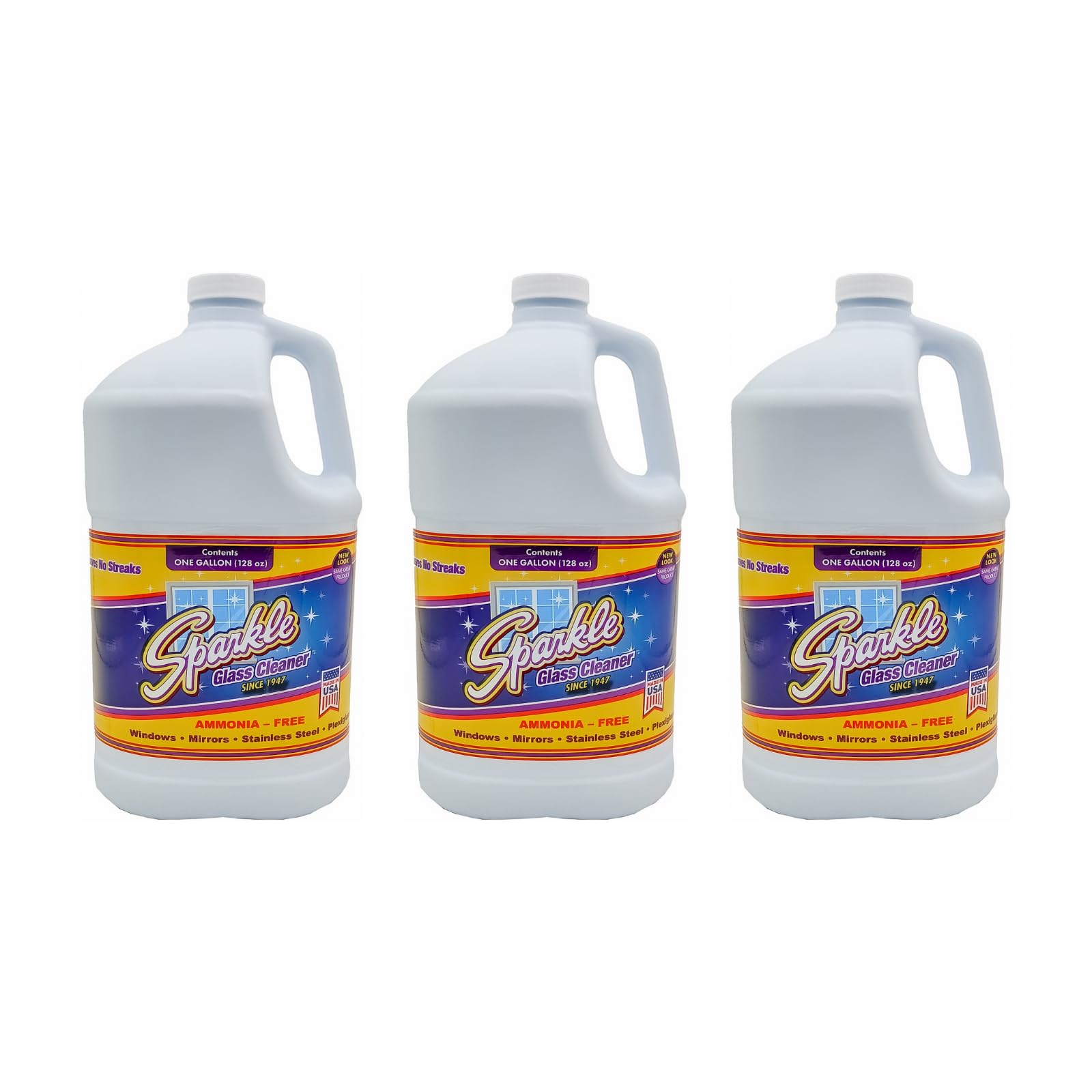 Sparkle  Glass Cleaner Refill 1 Gallon (128 Fl Oz) Ammonia-Free Heavy Duty Streak-Free Formula for Windows Mirrors Glass (Pack of 3)