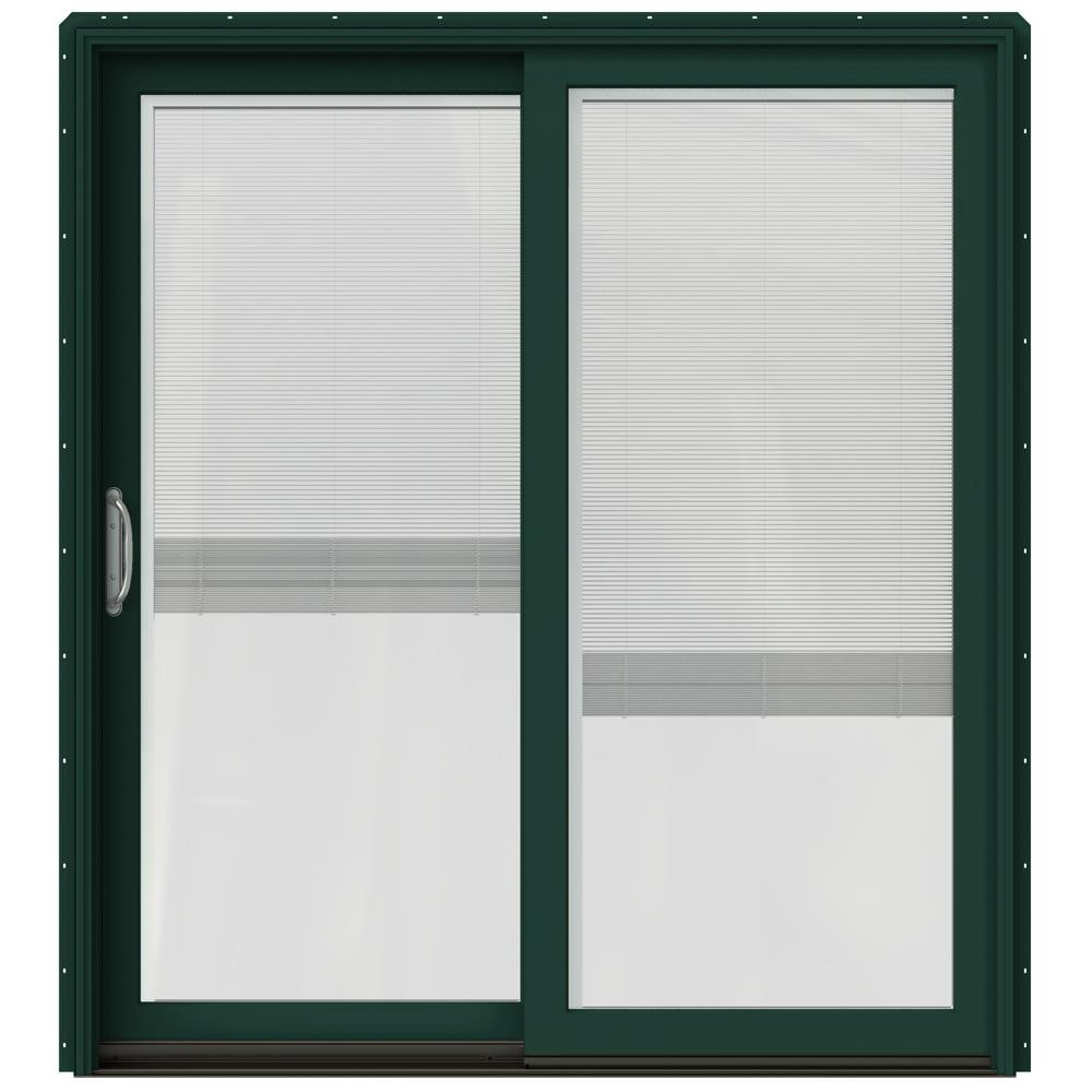 JELD-WEN LOWOLJW220100341 72-in x 80-in Low-e Blinds Between The Glass Hartford Green Clad-wood Sliding Left-Hand Sliding Double Patio Door Screen Included