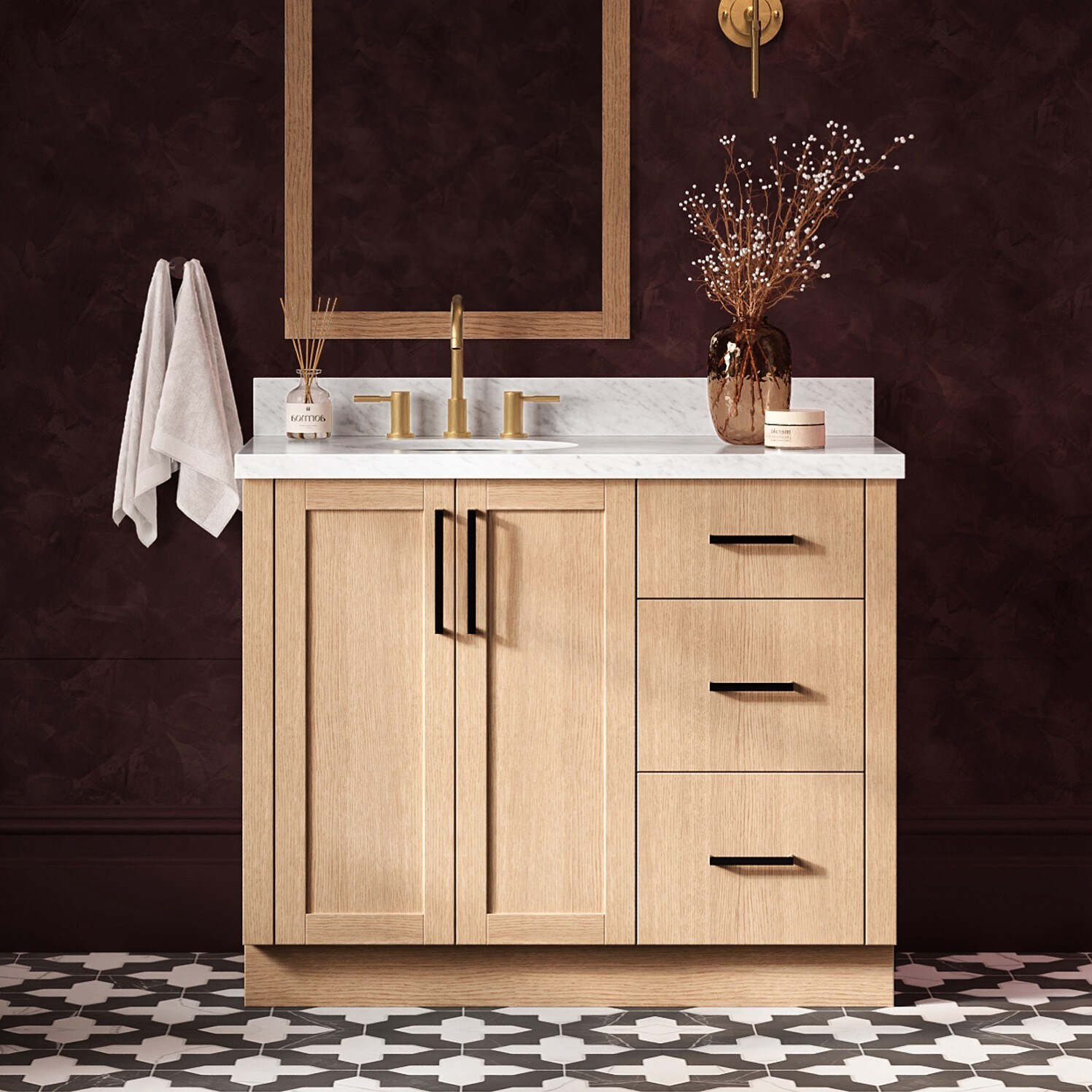 ARIEL Loren 42-in Oak Undermount Single Sink Bathroom Vanity with Carrara White Marble Marble Top
