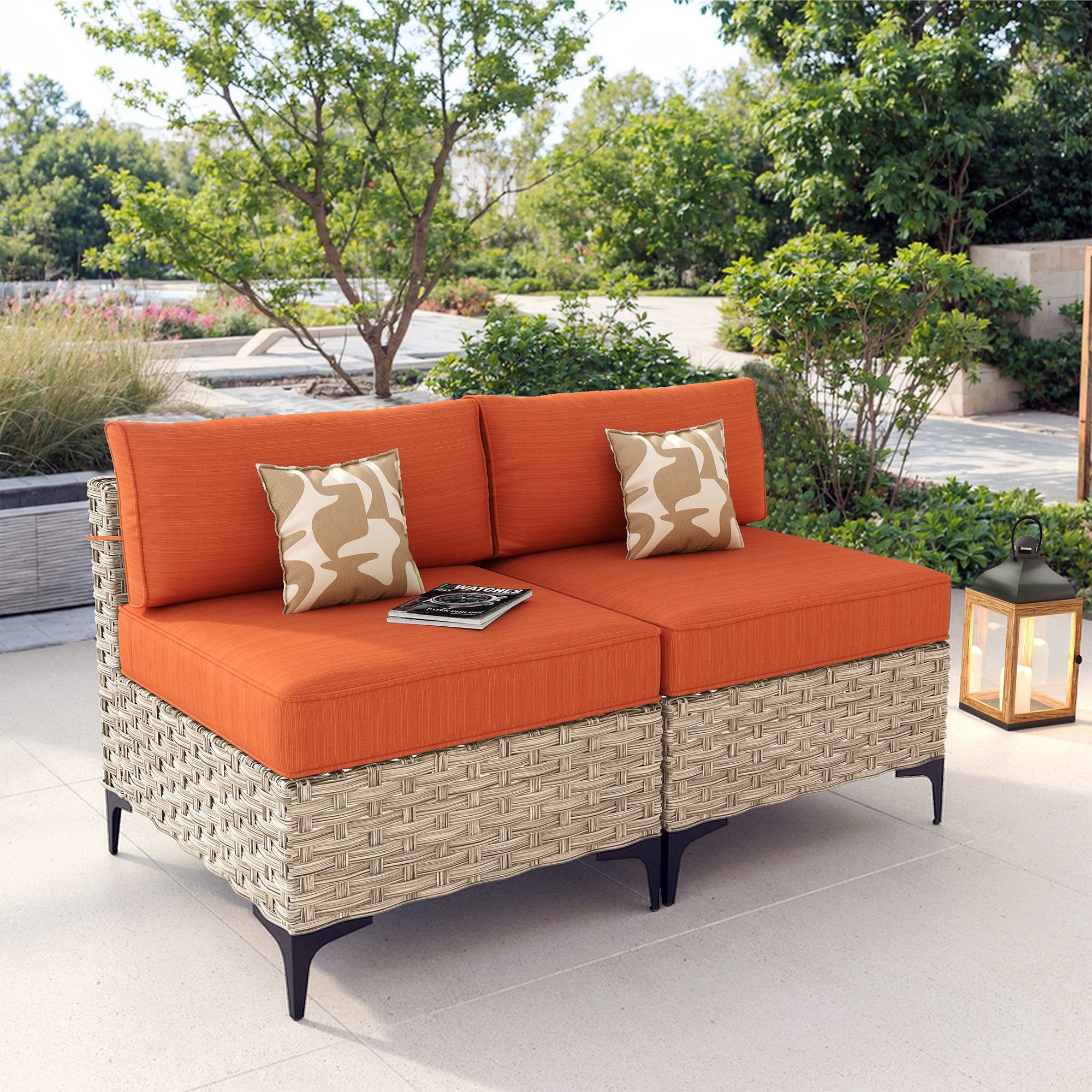 Caodoc L5-SKT800-2-1 SKT Rattan Outdoor Sectional with Orange Cushions and Wicker Frame