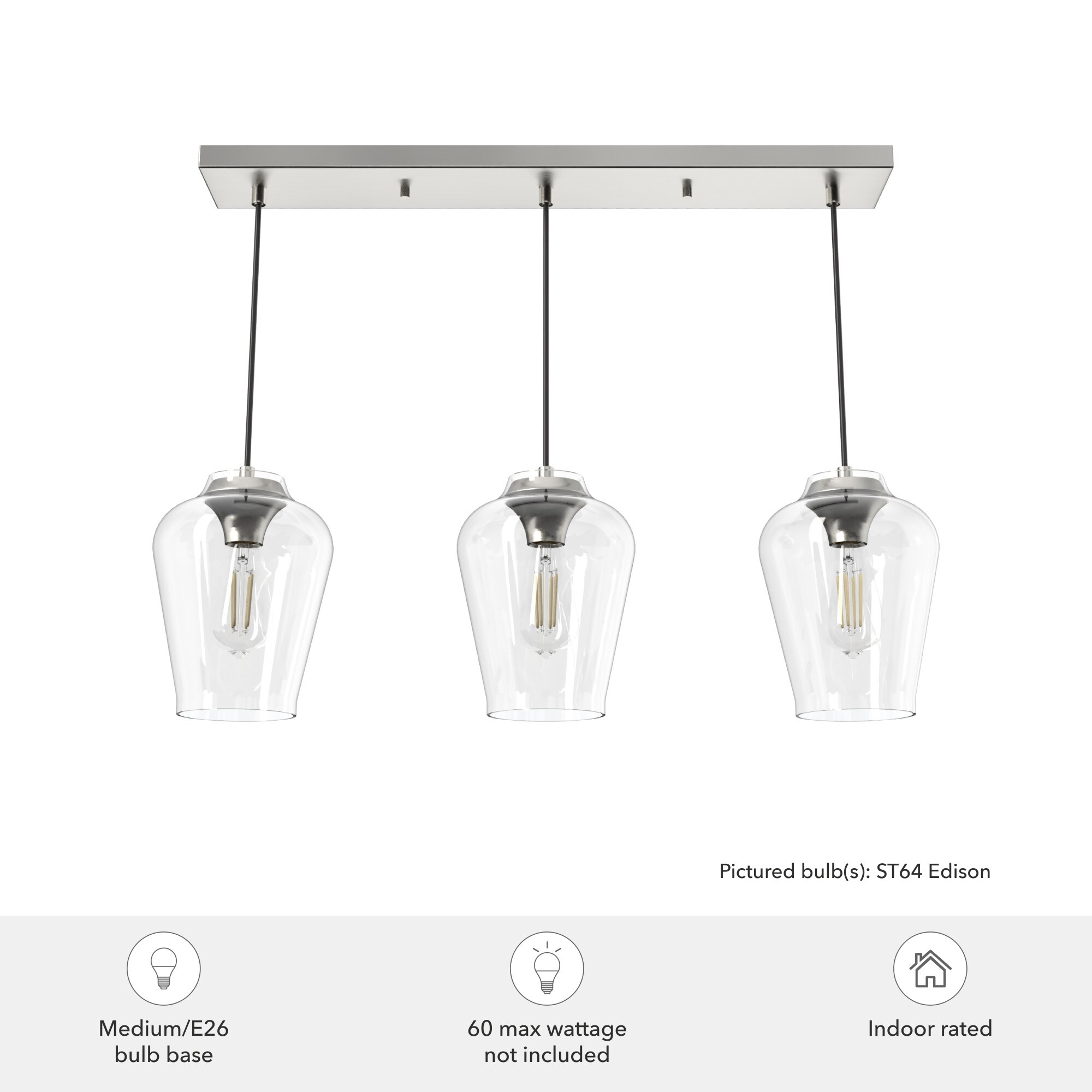 Brushed Nickel 3-Light Linear Cluster with Clear Glass Shades