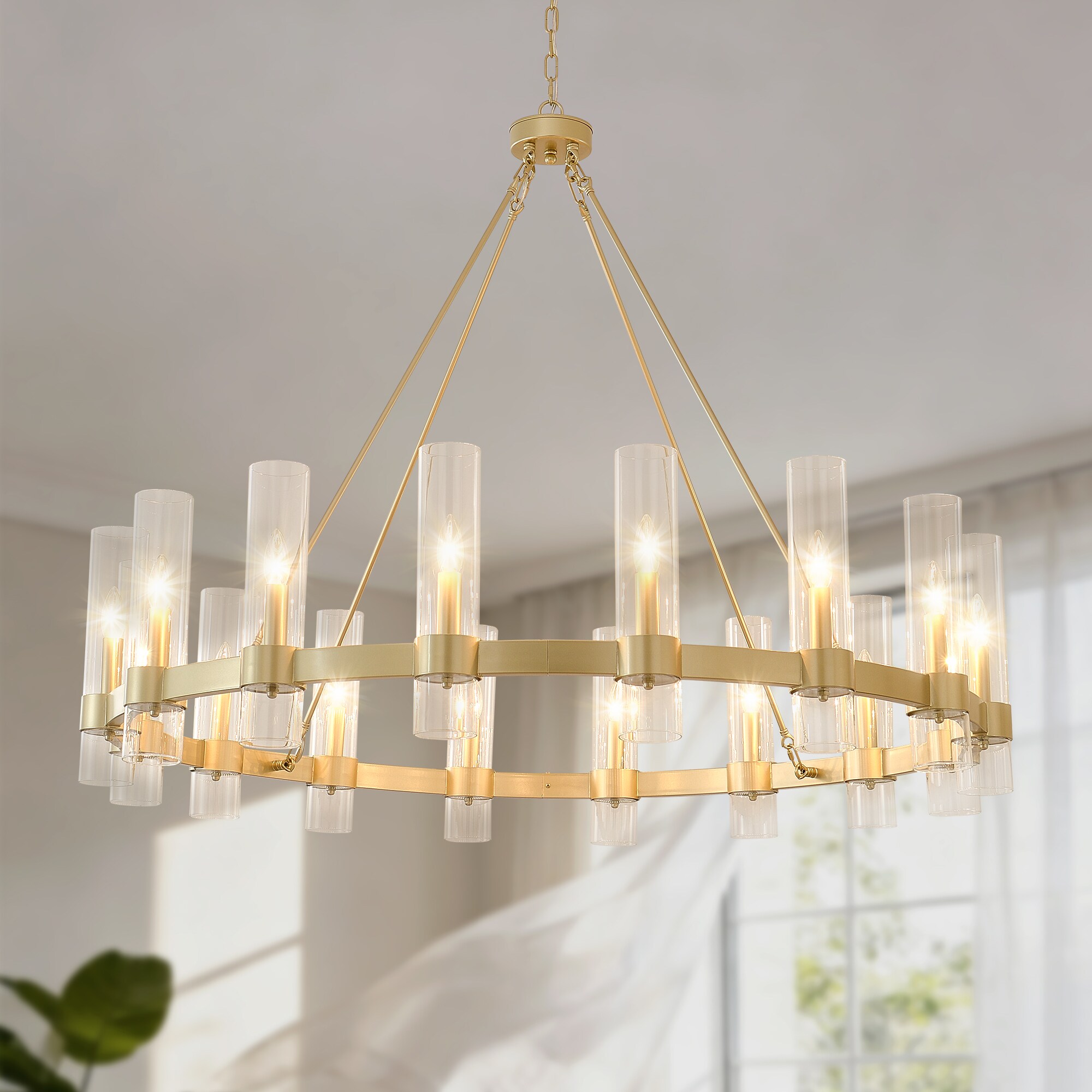 Zitrend 50-in Gold Chandelier 16-Light Clear Glass Wagon Wheel Farmhouse Fixture for Dining Room Foyer Living Room and High Ceilings