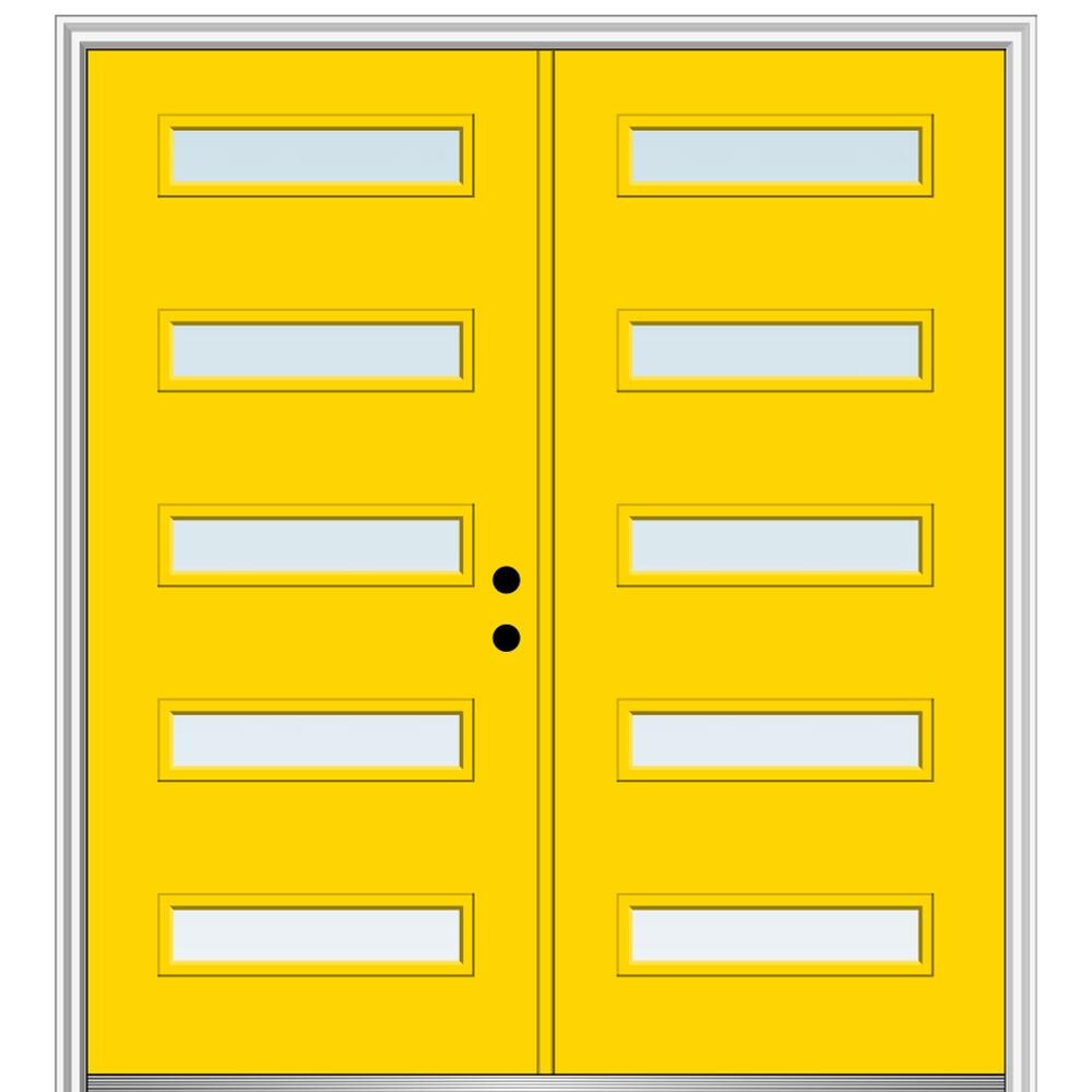 MMI DOOR ZZ346417L Spotlights 72-in x 80-in x 4-9/16-in Fiberglass Pulse lite Left-hand inswing Yellow Flash Painted Prehung Double Front Door with Brickmould Insulating core