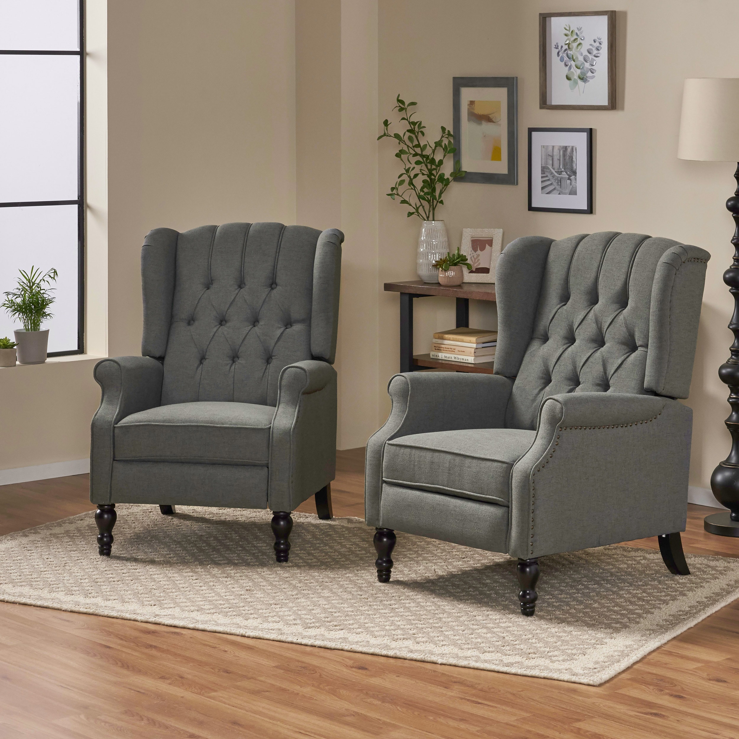 Elizabeth Charcoal Tufted Wingback Wood Recliner with Nailhead Accents