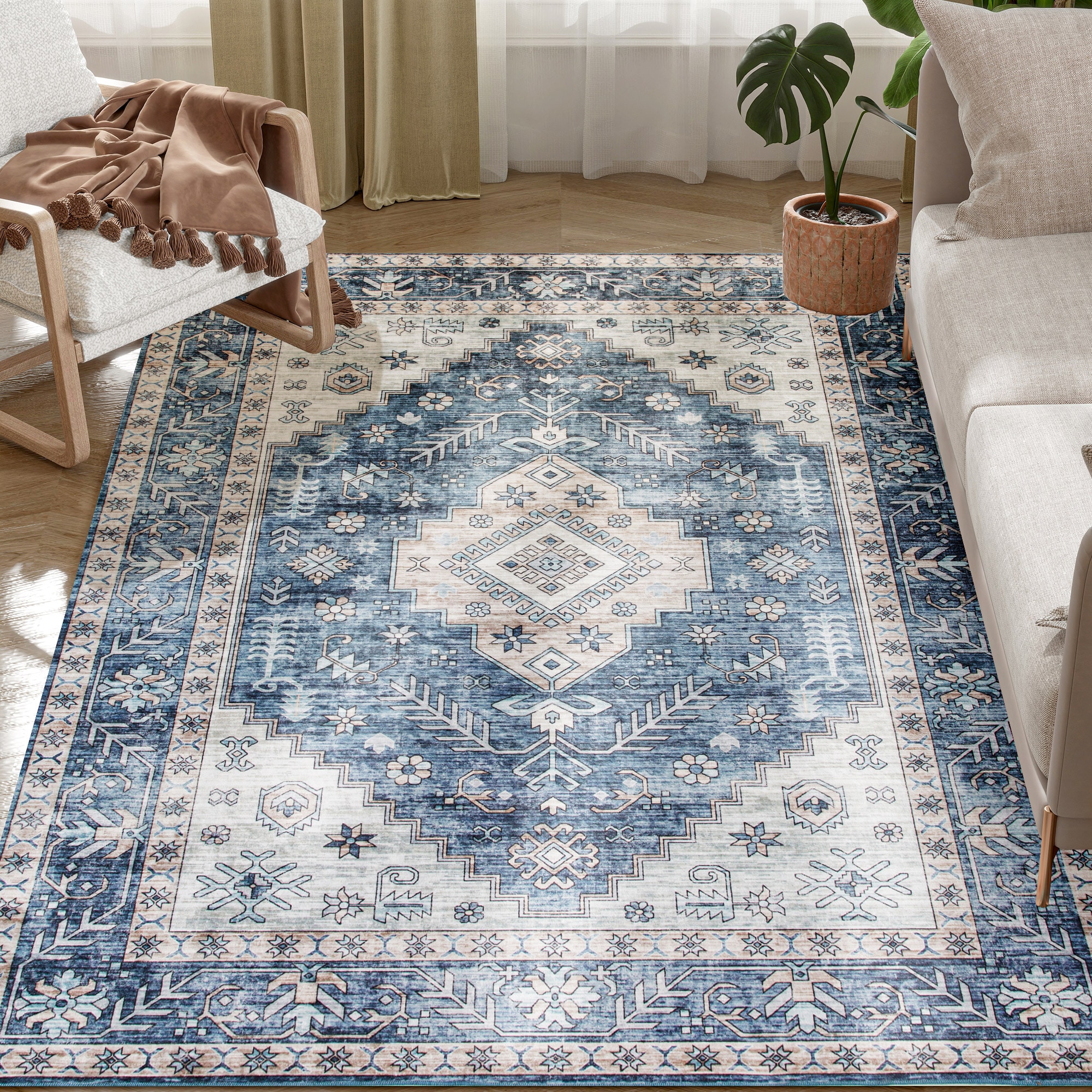 HomCom 83C-027V00BU Washable Area Rug 4'x6' Vintage Indoor Distressed Carpet Retro Floor Cover Foldable Floral Print Mat for Living Room Bedroom Dining Room Blue
