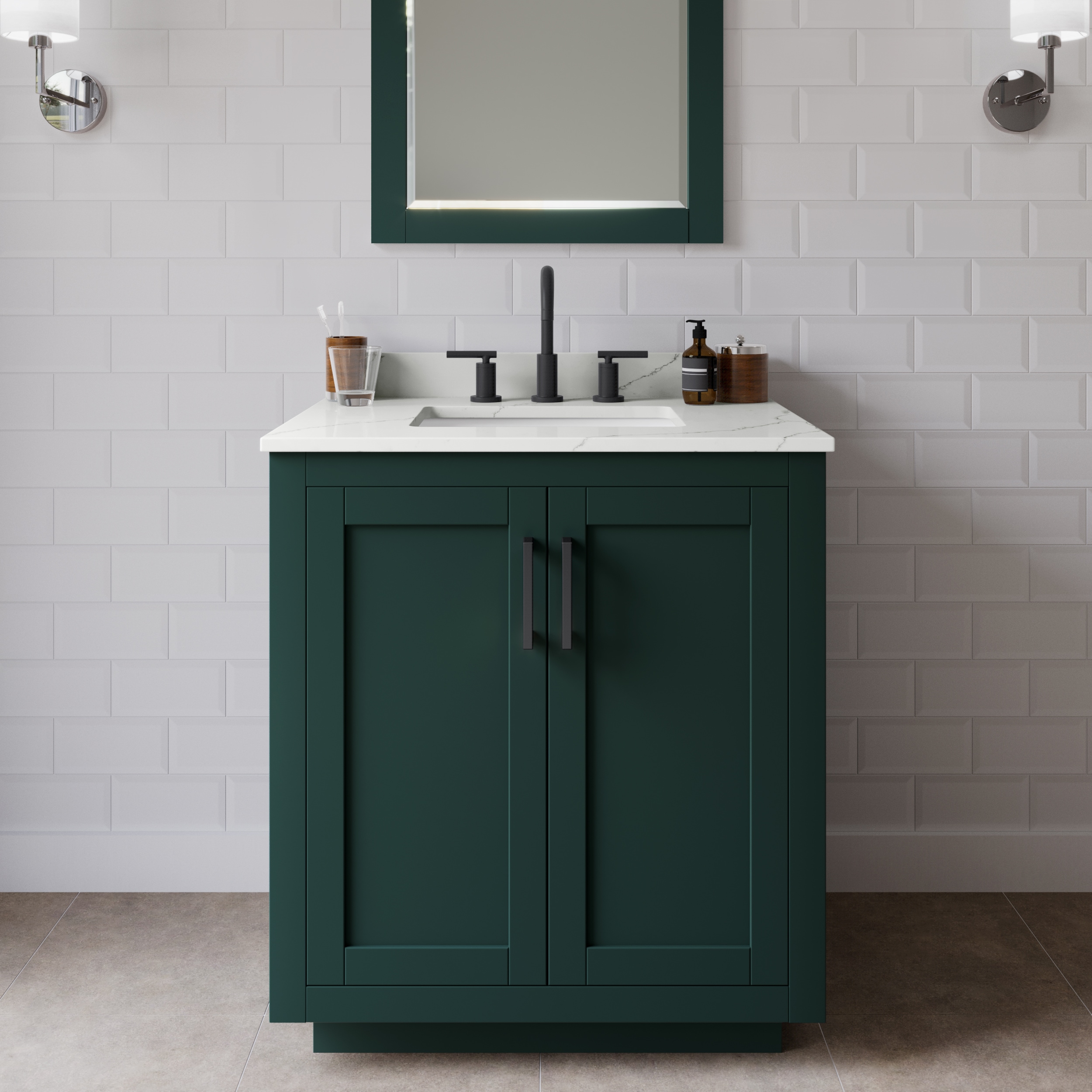 Wyndham Collection WCF292930SGKGTUS3M24 Miranda 30-in Green Undermount Single Sink Bathroom Vanity with Giotto Quartz Top (Mirror Included)