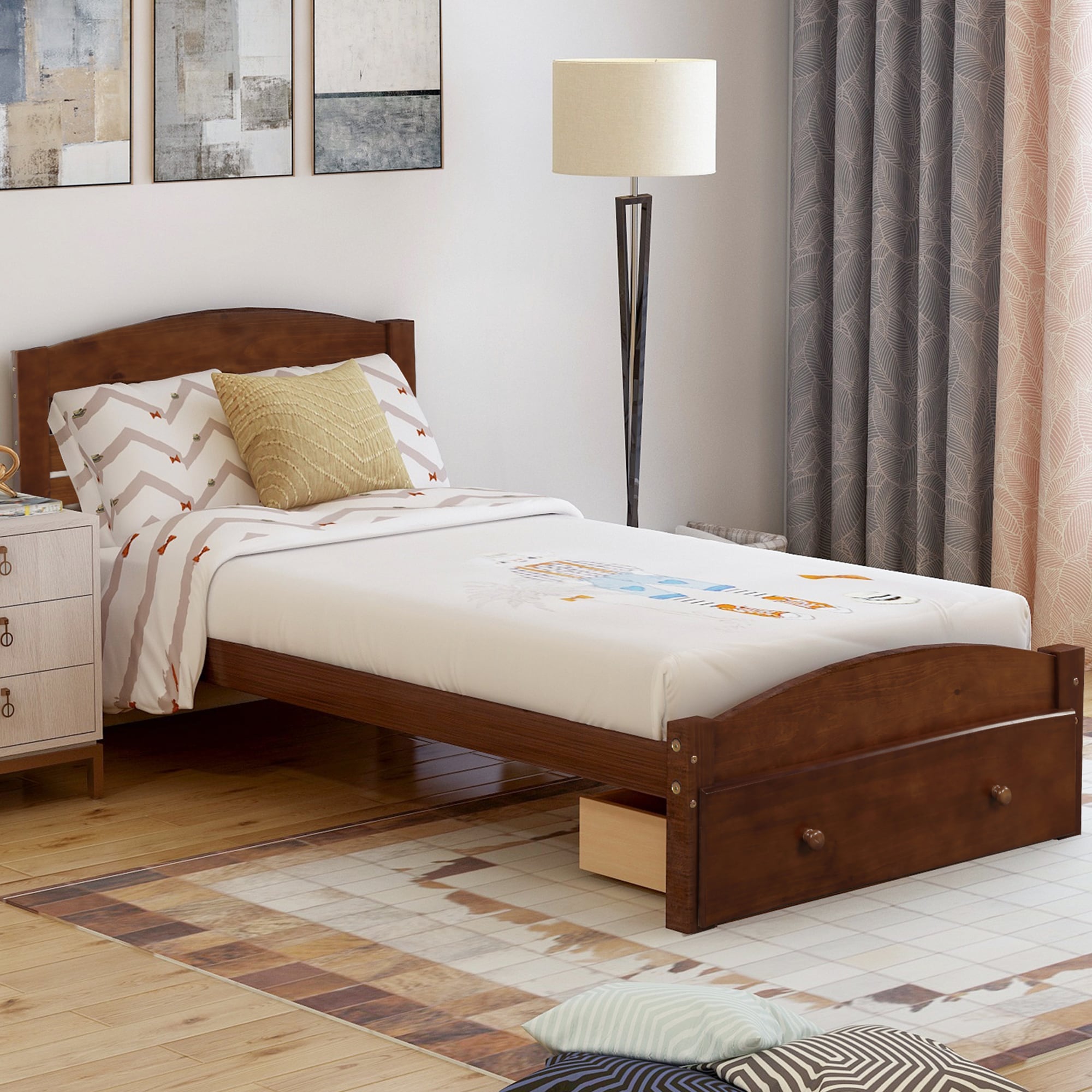 ModernLuxe WF191655AAD Platform Twin Bed Frame with Storage Drawer and Wood Slat Support No Box Spring Needed Walnut