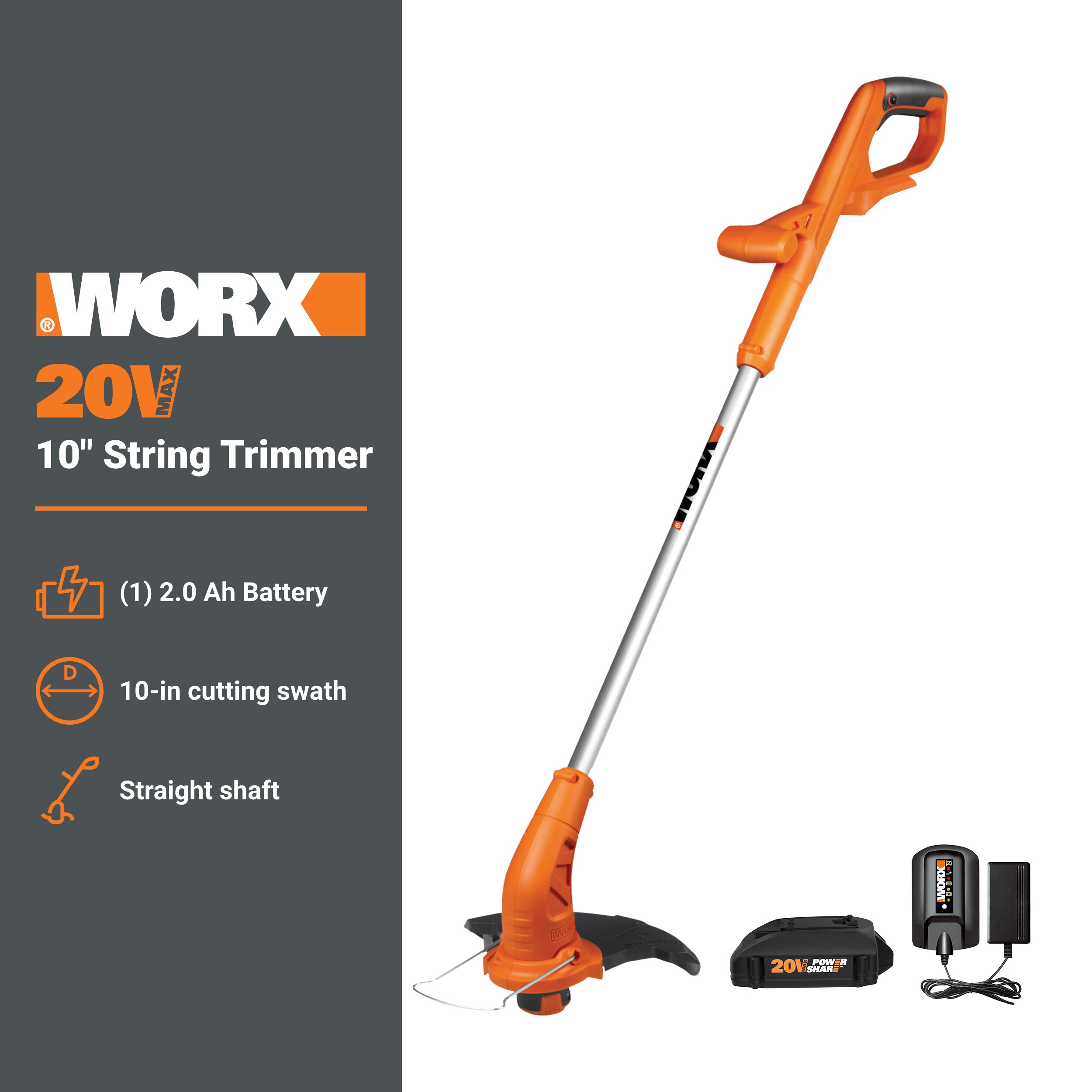 WORX Power Share 20-volt Max 10-in Straight Shaft Battery String Trimmer 2 Ah (Battery and Charger Included)