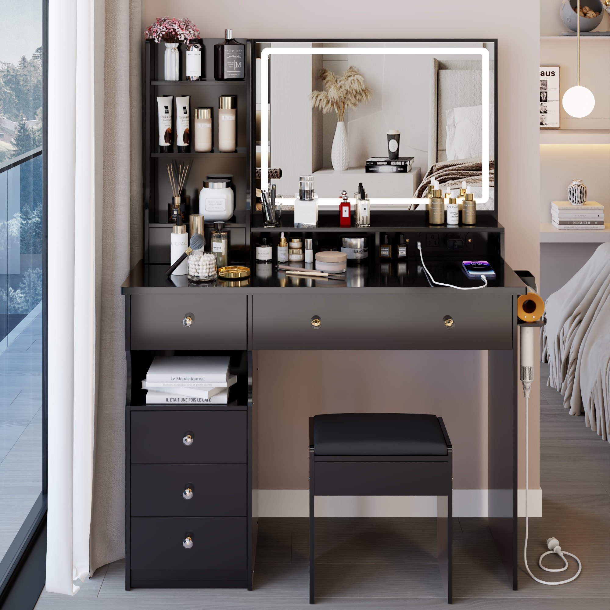 Homy Casa MORY BLACK Mory 41 in. Black Makeup Vanity Set with Lighted Mirror and Power Outlet and USB Ports and 7 Drawers and Stool