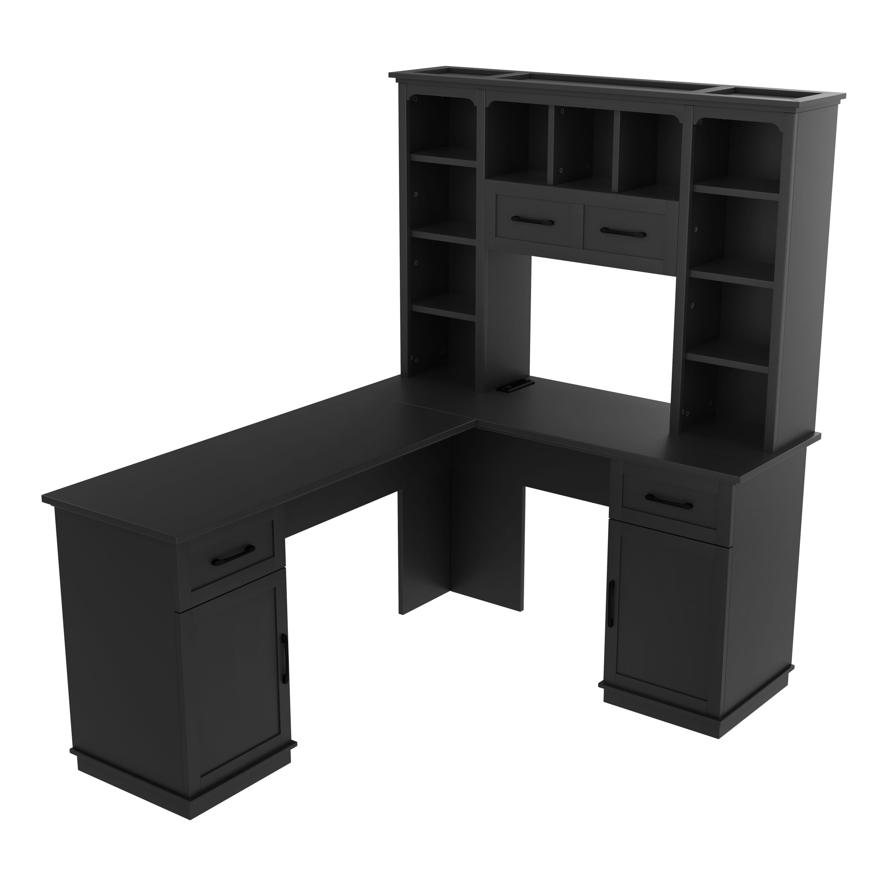 Vynxaria LESX1479-DJDK-ZZ029 L Shaped Computer Desk with Power Outlet 2 Cabinets 2 Drawers 11 Open Shelves Study Office Living Room Desk Black
