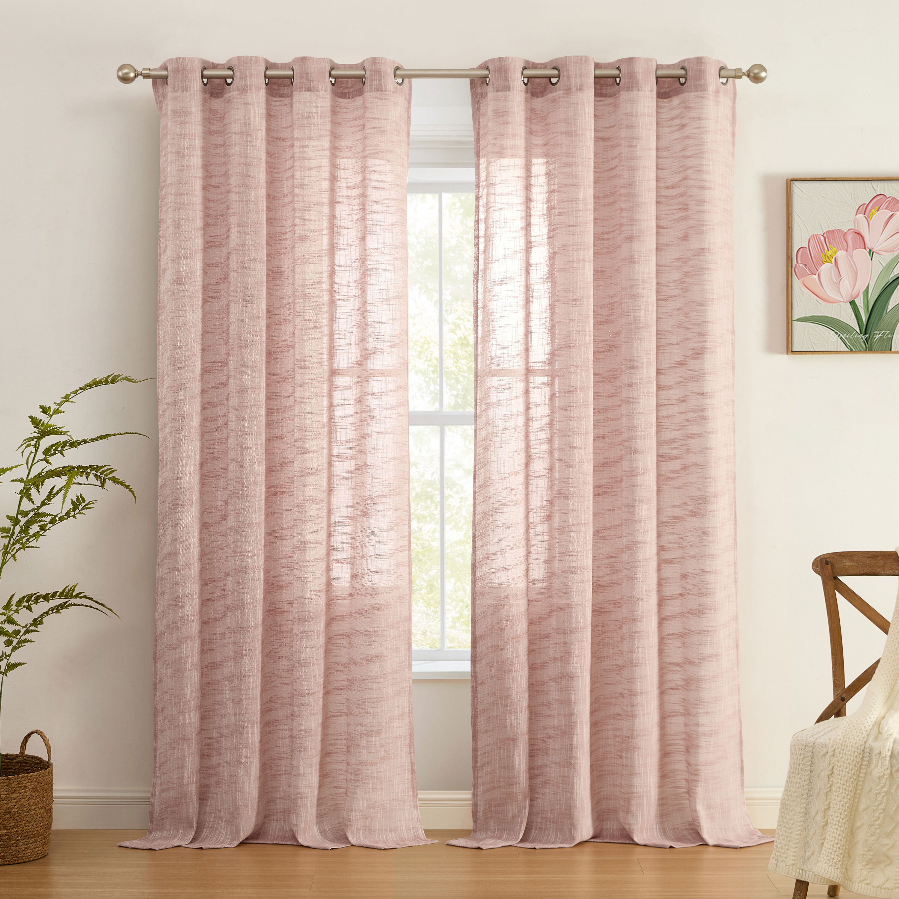 HLC.me MAD-LNGR-BLSH84 Madison Faux Linen Textured Semi Sheer Privacy Light Filtering Grommet Curtain Panels - Set of 2