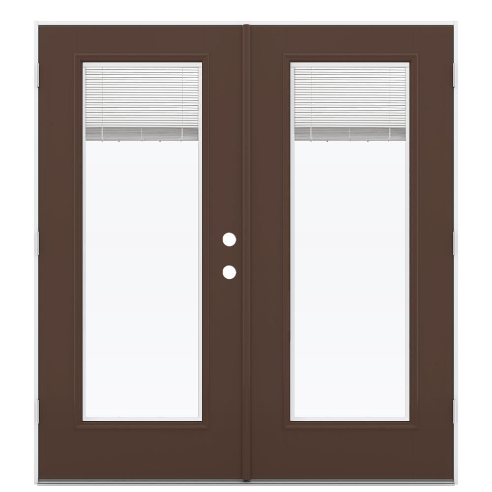 JELD-WEN 72-in x 80-in x 4-9/16-in Jamb Low-e Blinds Between The Glass Dark Chocolate Fiberglass French Right-Hand Outswing Double Patio Door in Brown -  LOWOLJW182200219