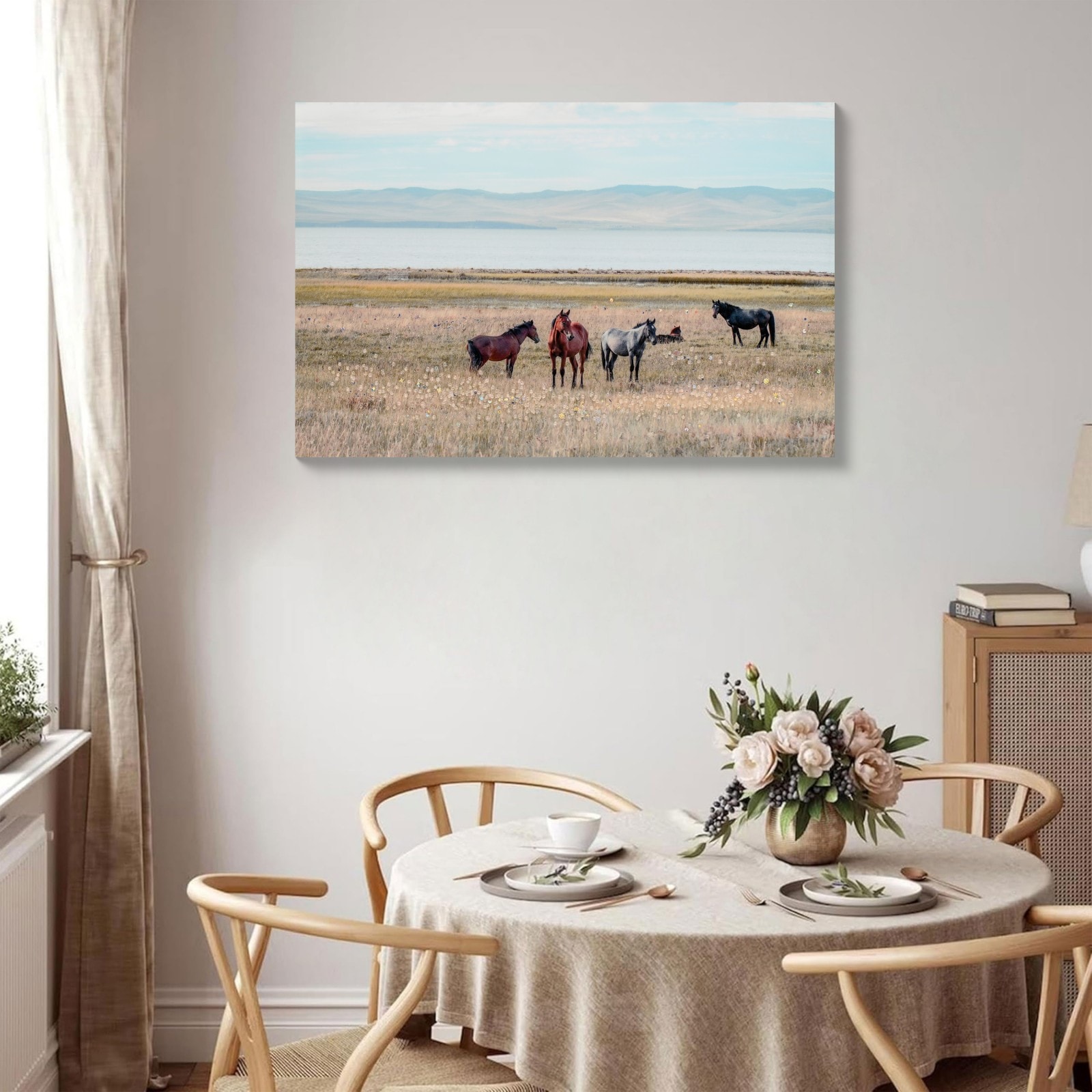 GlasFlength  Framed Horse Canvas Wall Art 24 x 36-Inch Rustic Western Farmhouse Painting Vintage Country Decor for Living Room Bedroom Denim and Brown
