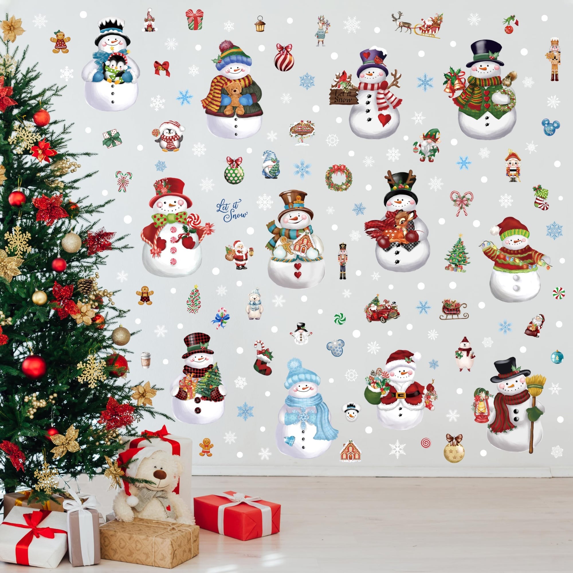 LAIFUCAM  Christmas Snowman Wall Stickers 12 Sheet Set Vinyl Snowflake Decals for Living Room Bedroom Home Office Holiday Winter Decor Easy Peel