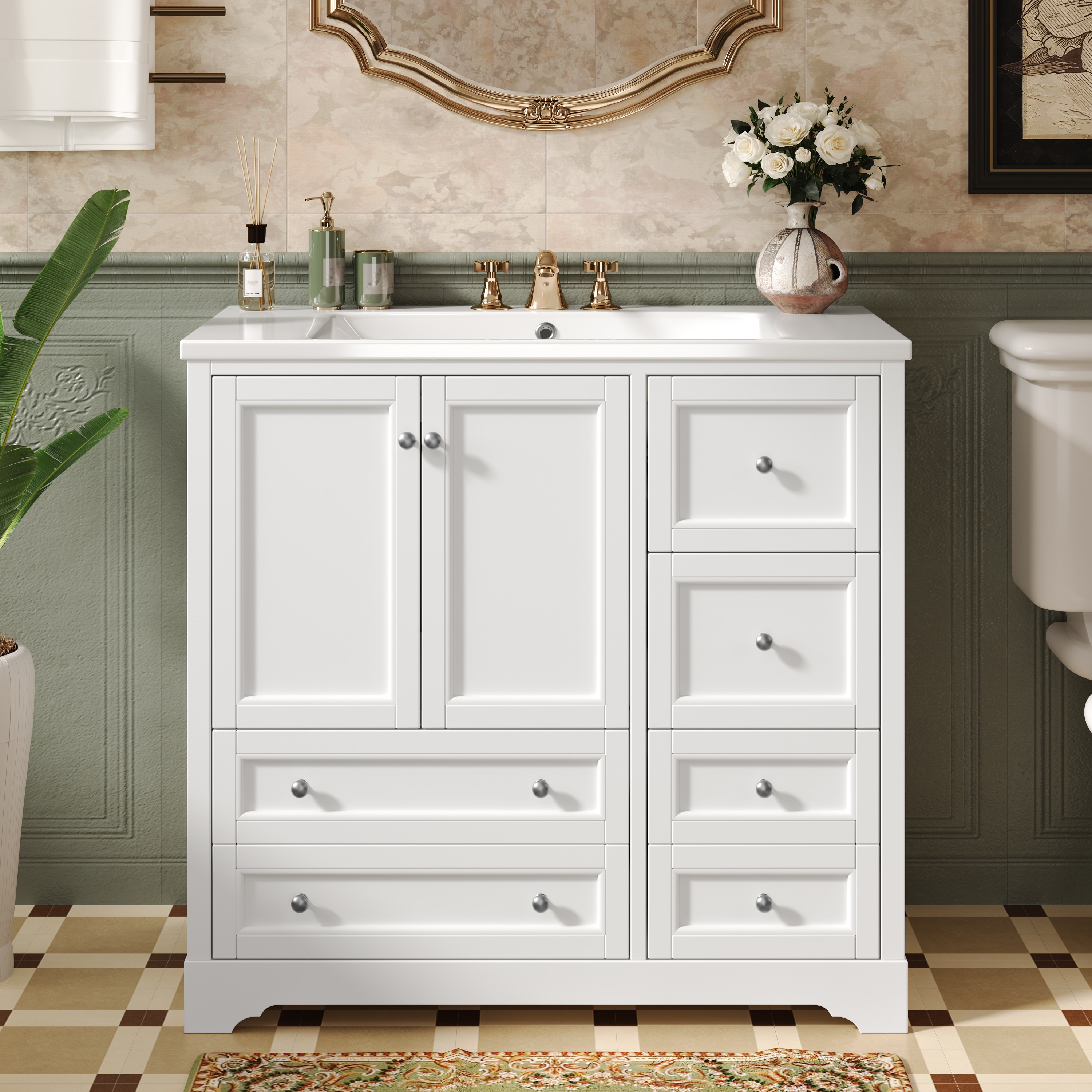 Tatayosi JL-S136005K 36inch Bathroom Vanity with Sink  Solid Wood Freestanding Bathroom Vanities with 4 Storage Drawers and Shelf Soft Closing Doors