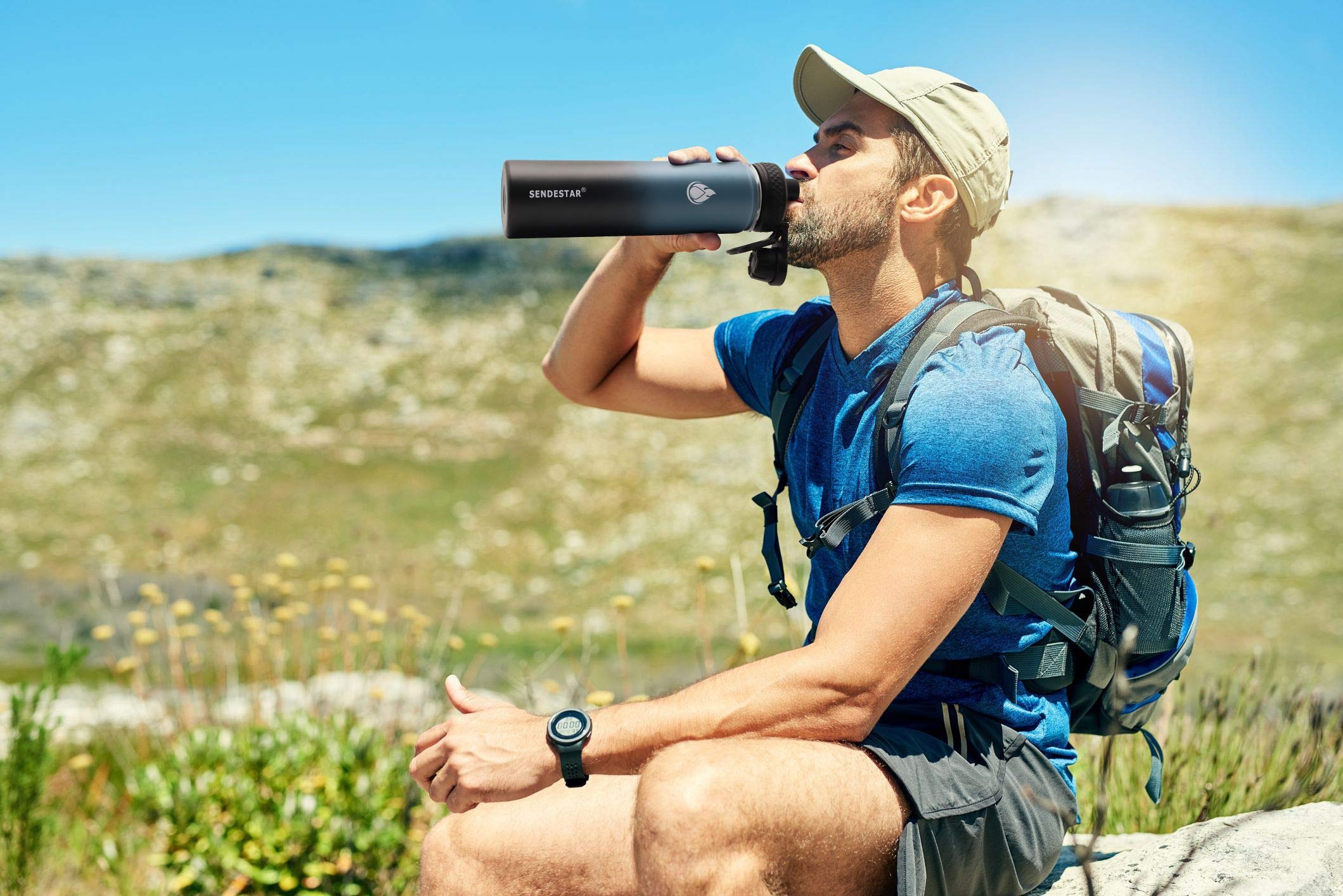 Aoibox  24 oz Insulated Stainless Steel Water Bottle with Wide Mouth and 2 Lids Deep Blue and Black