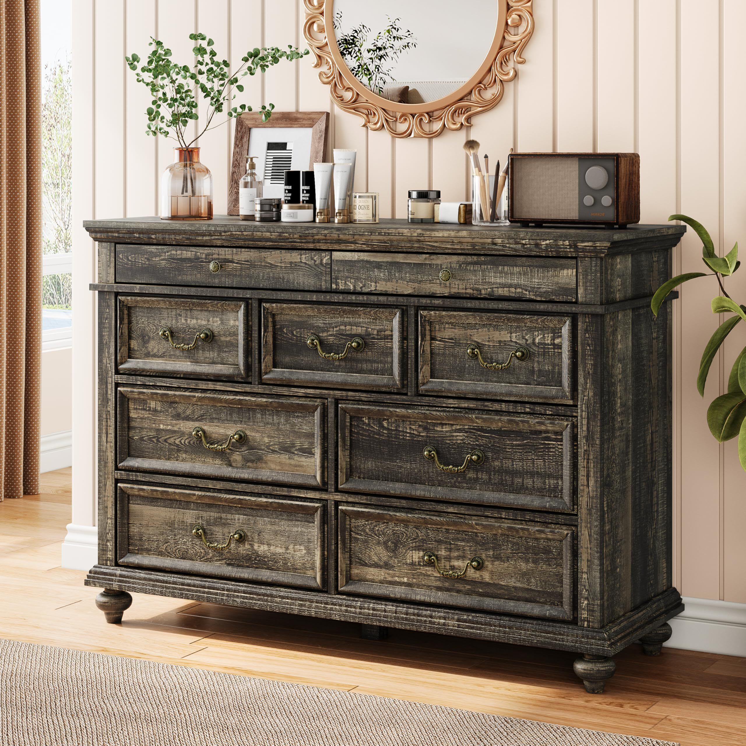 Qeetex 48in Wide 9 Drawer Dresser Modern Wooden Chest with Retro Handles Large Storage Organizer for Bedroom Living Room Closet Entryway Black