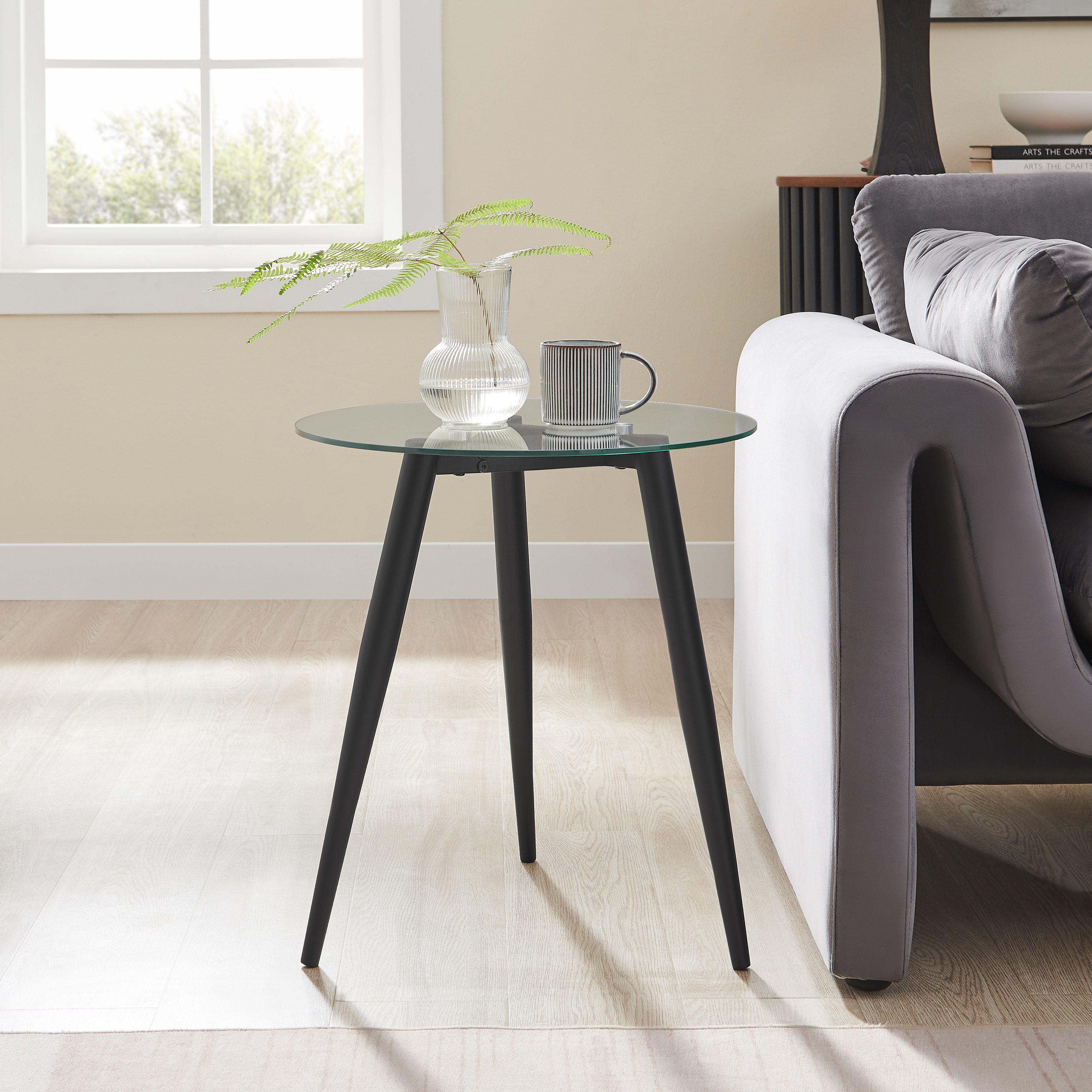 Danya B. RT244BLK 19.75-Inches W x 21.75-Inches H Black, Clear Glass Round Midcentury End Table Assembly Required