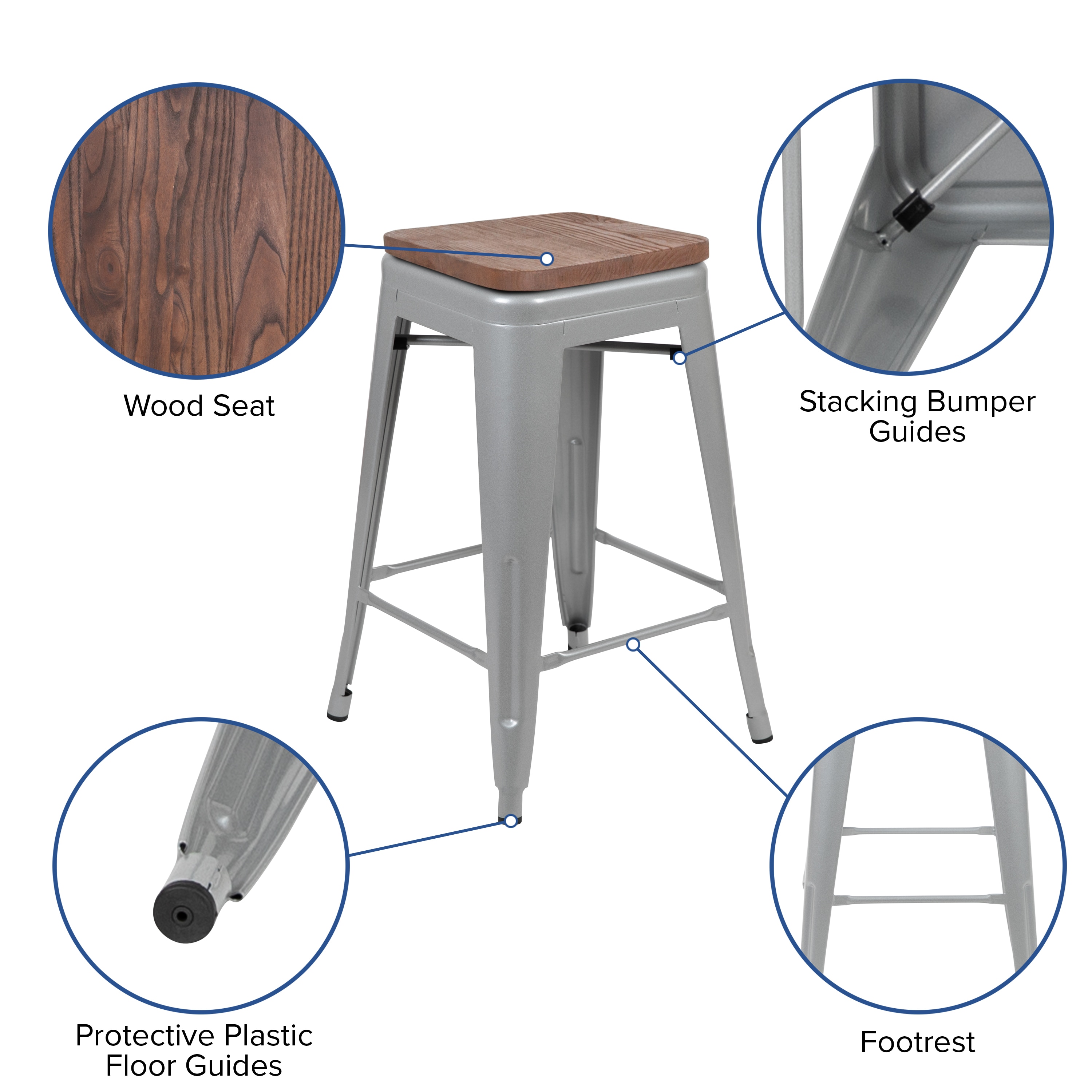 Modern 24" Silver Metal and Wood Stackable Bar Stools - Set of 4