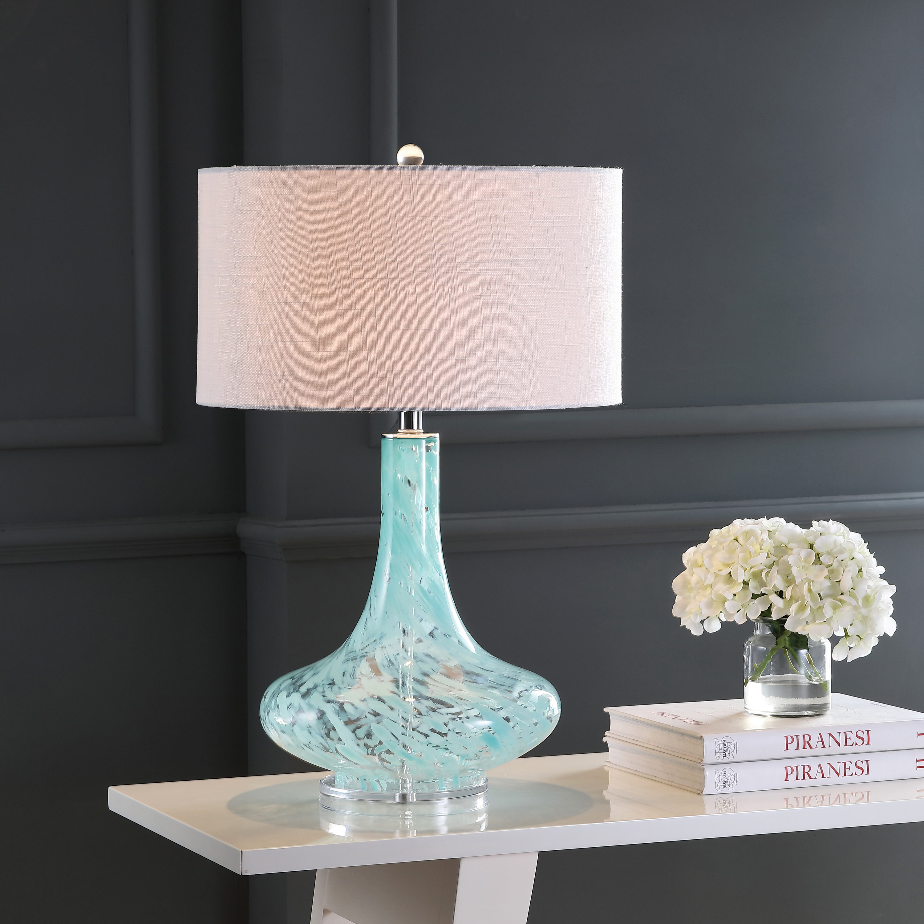 JONATHAN  Y JYL2001A Montreal Glass/Acrylic Transitional 29-in Chrome LED Incandescent Rotary socket Table Lamp with Linen Shade