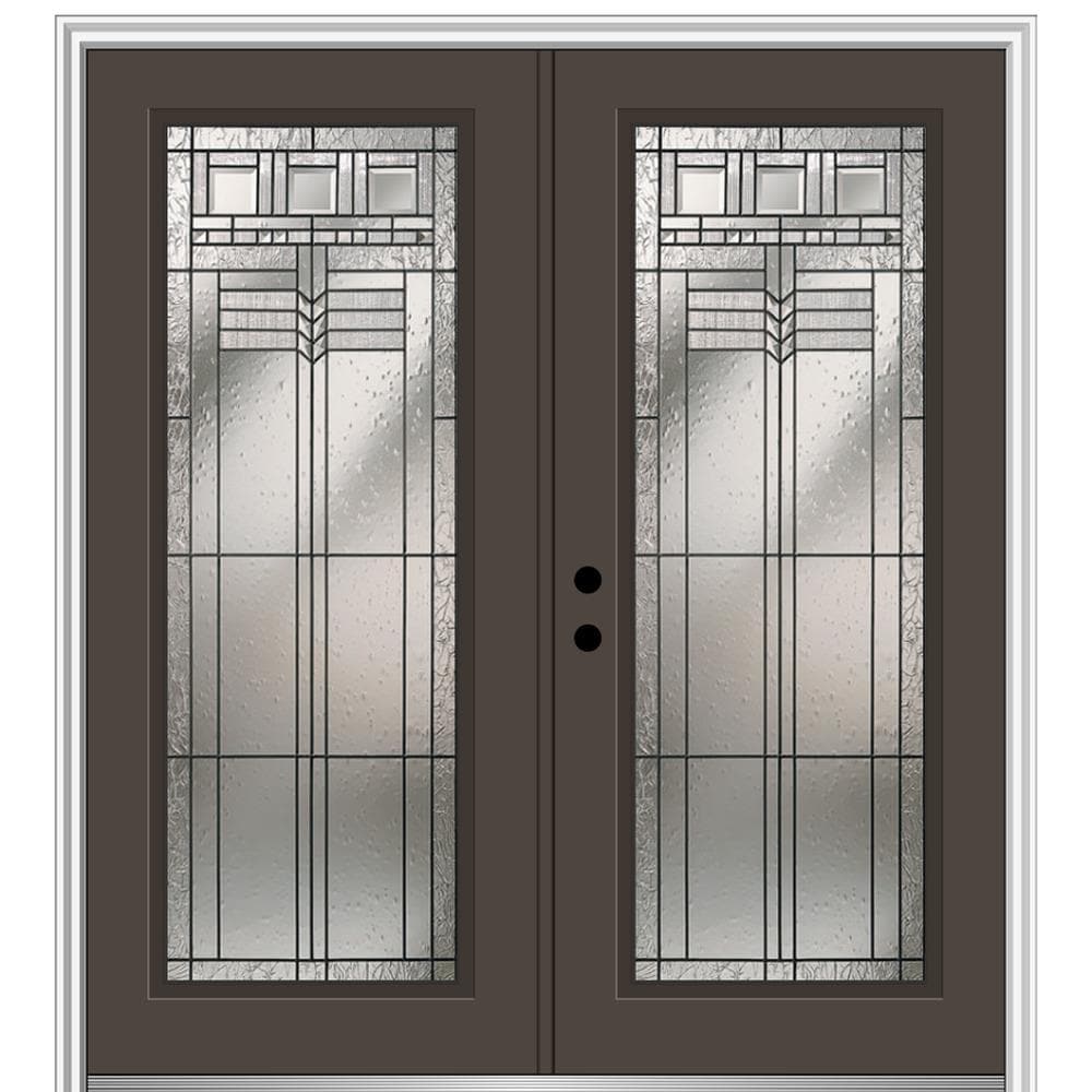 MMI DOOR ZZ3665209R 72-in x 80-in x 6-9/16-in Fiberglass Full lite Right-hand inswing Brown Painted Prehung Double Front Door with Brickmould Insulating core