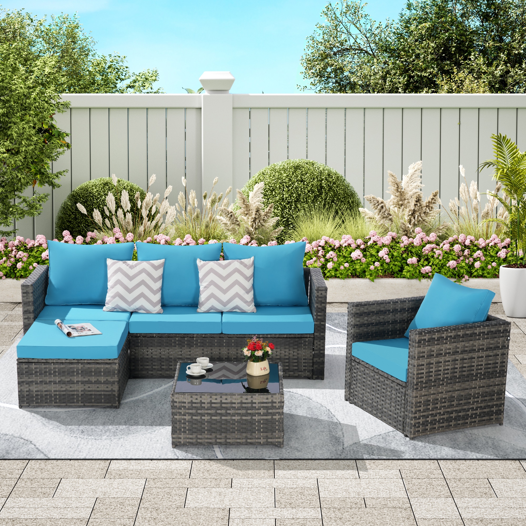 Forclover MONLDS04TU Outdoor Patio Sofa 3 -Piece Rattan Patio Sofa Conversation Set with Blue Cushions
