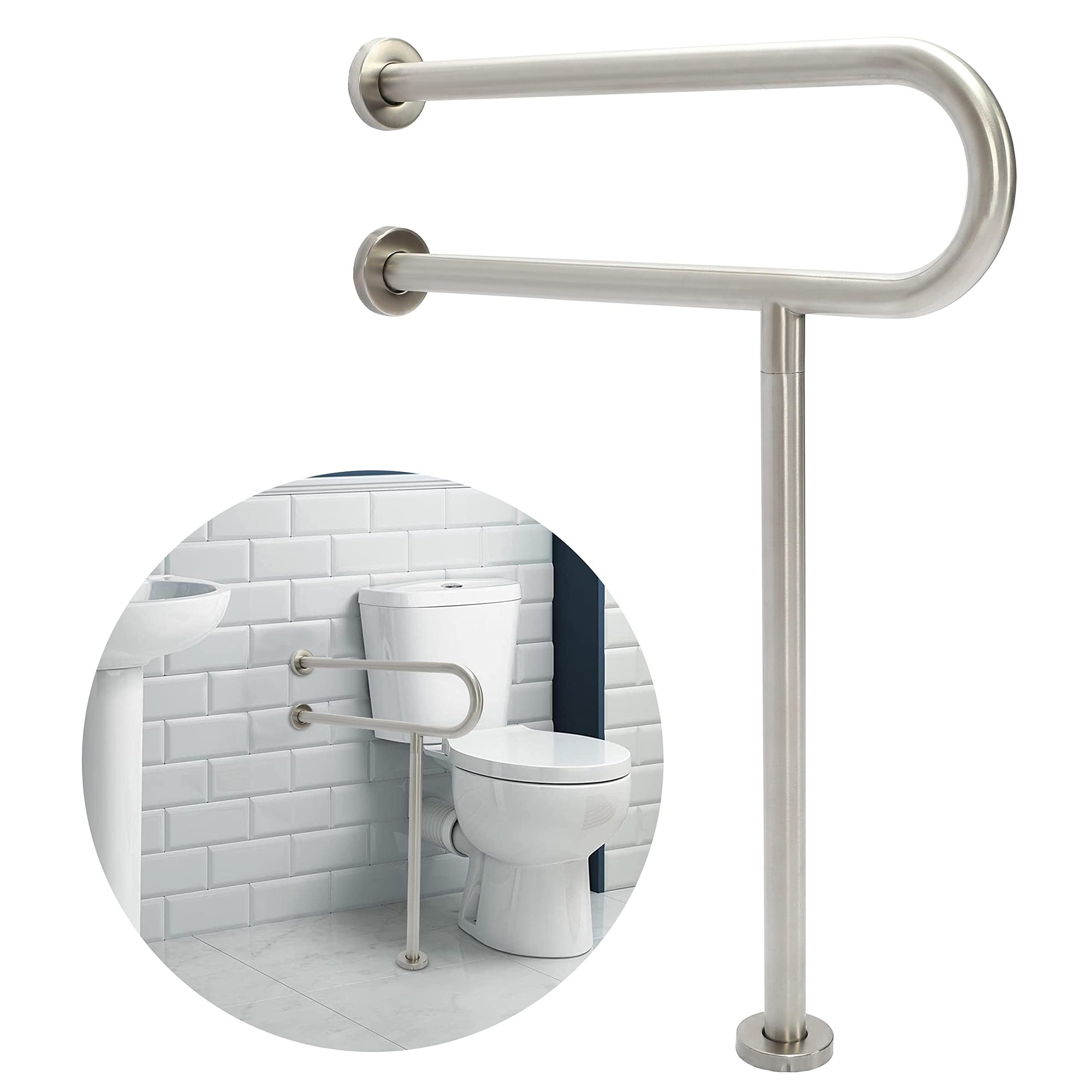Adrinfly  24 Inch Handicap Grab Bar 304 Stainless Steel Bathroom Safety Rail Wall and Floor Mount Support Bar for Elderly Disabled Non Skid Grip