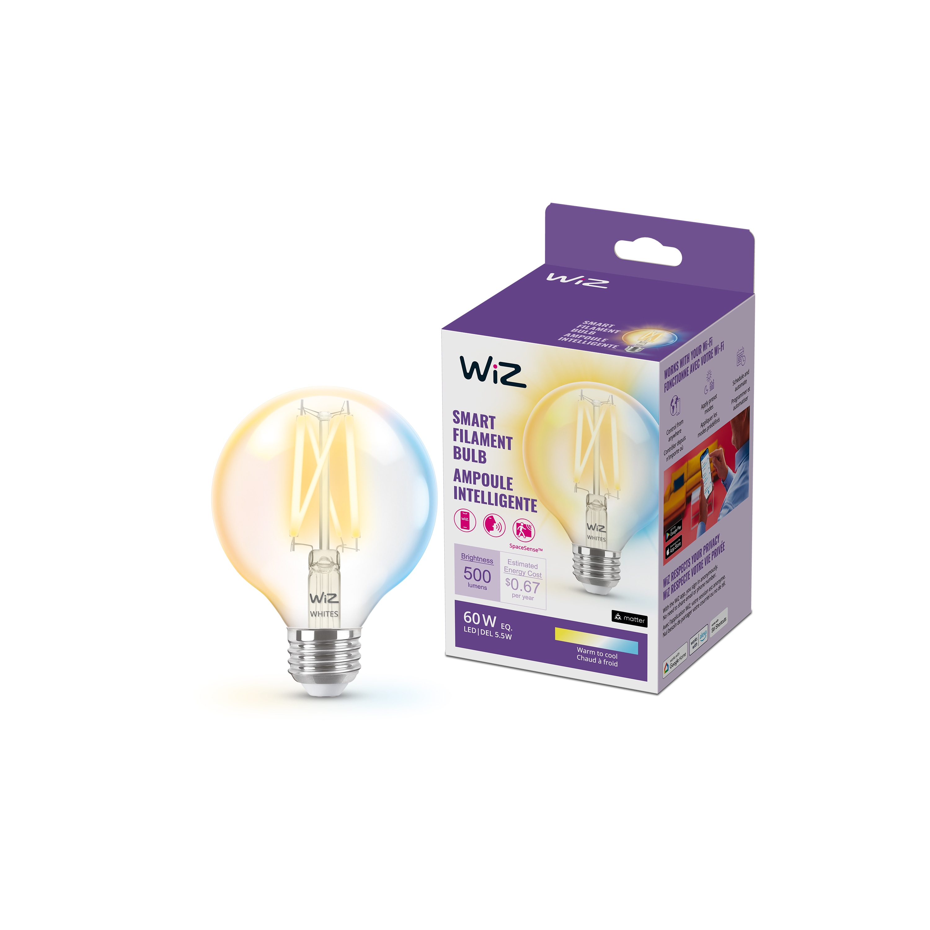 WiZ 603950 Tunable White 60 -Watt EQ G25 Tunable white Medium base (E-26) Dimmable Smart LED Decorative Light Bulb