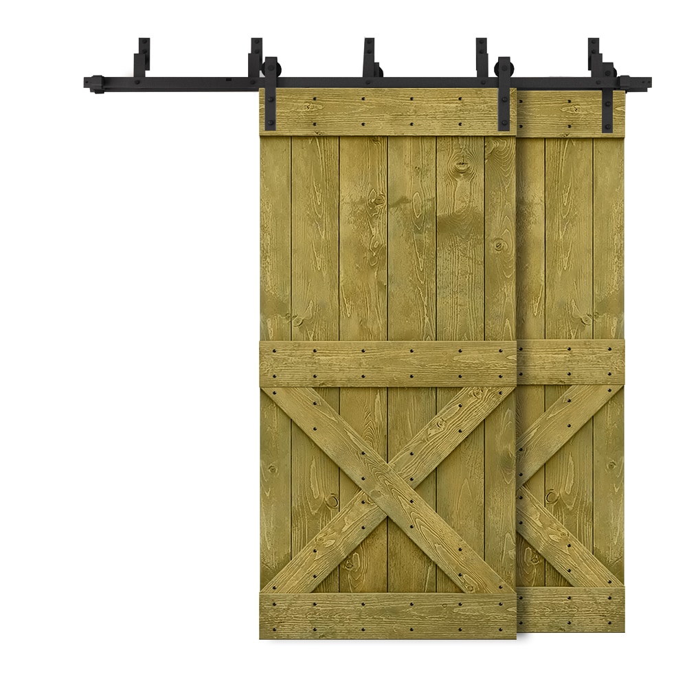 CALHOME 5XBP+S72+(2)011-20DG 40-in x 84-in Jungle Green Knotty pine Wood Solid core Double Bypass Barn Door (Hardware Included)