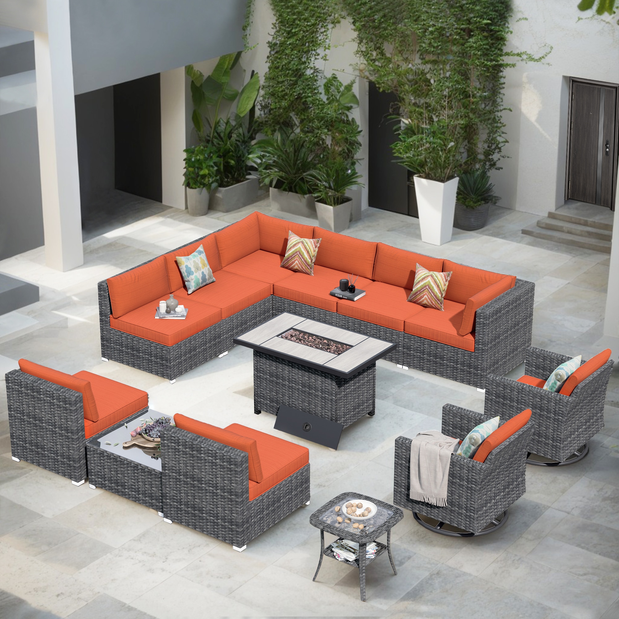 Pouuin 13-Piece Rattan Patio Conversation Set with Red Cushions in the ...