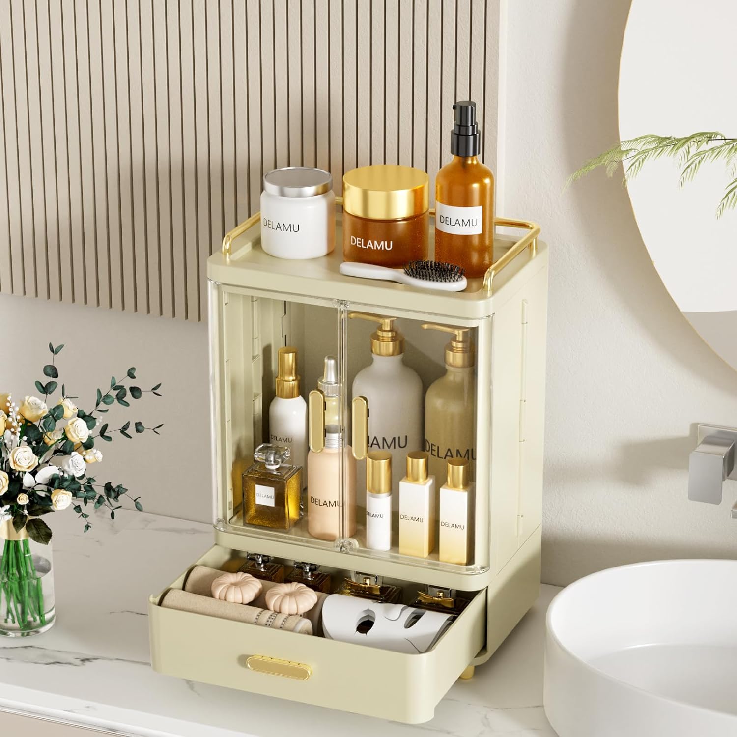 Delamu B0DRP2HKH6 Bathroom Makeup Organizer Countertop with Drawer 3 Tier Large Capacity Bathroom Counter Countertop 15.2 Tall Storage for Perfume Cosmetic Skincare and More Ideal Present for Her Beige