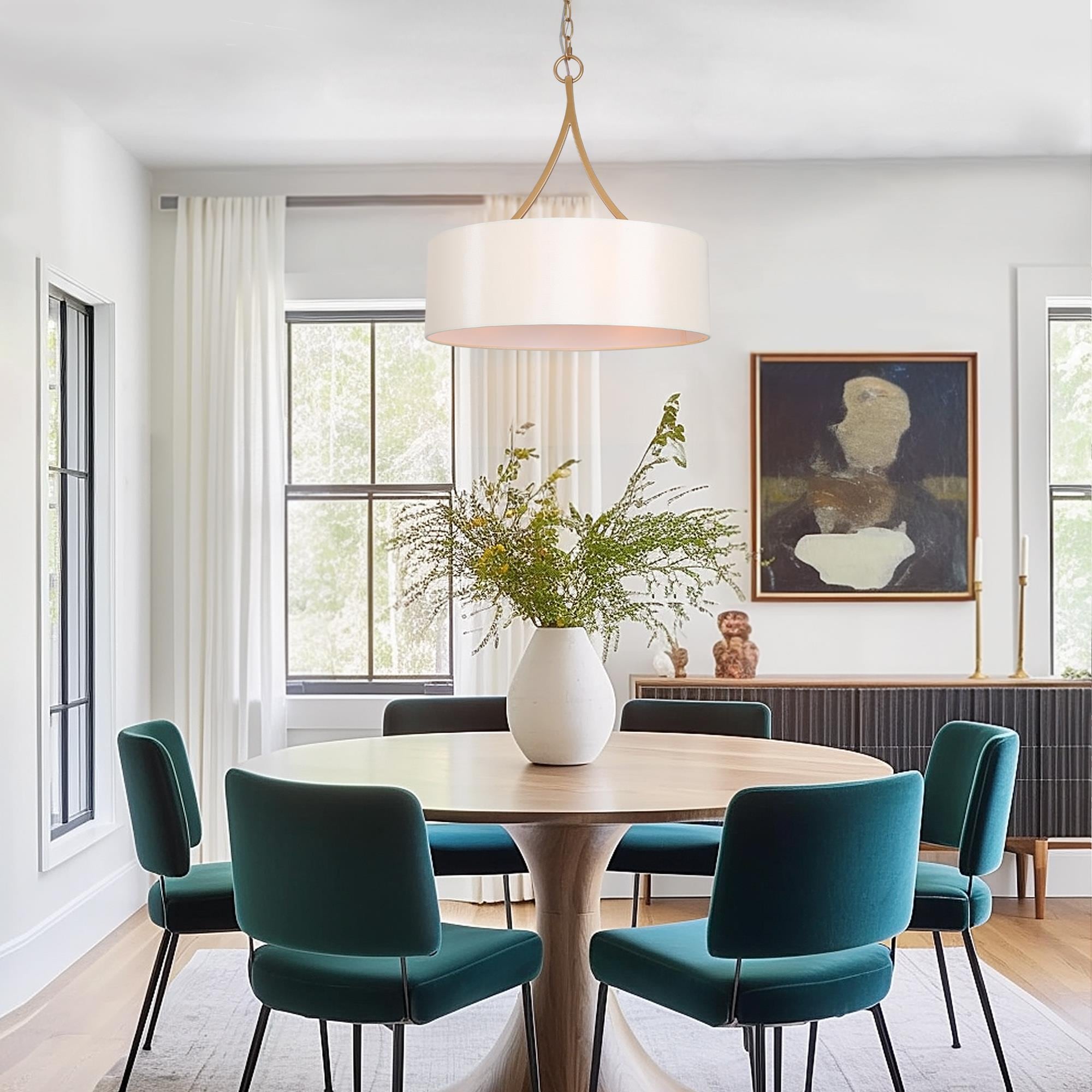 Rafa Matte Gold Drum Pendant Light with White Fabric Shade