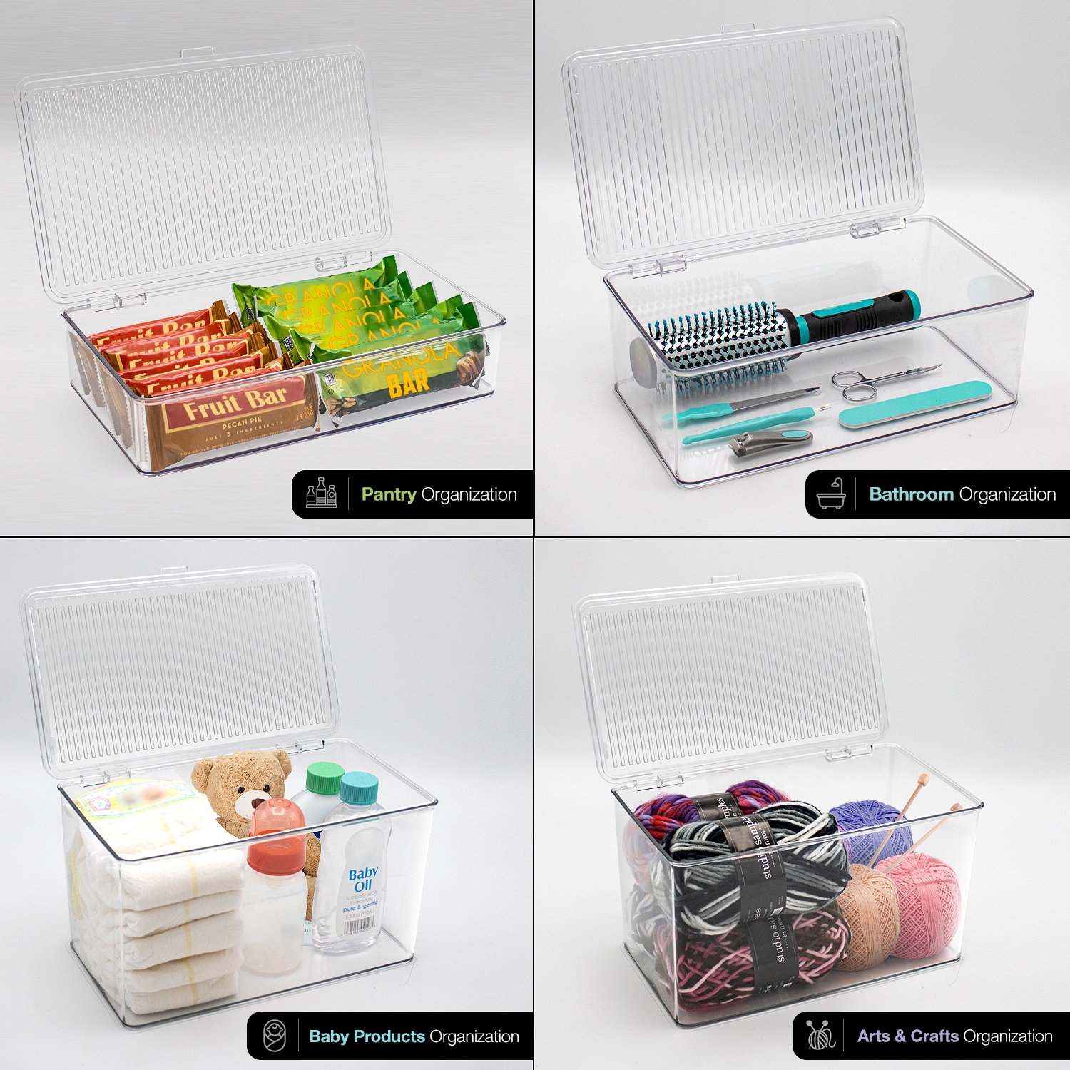 Clear Plastic Stackable Storage Bins with Hinged Lids, Set of 3