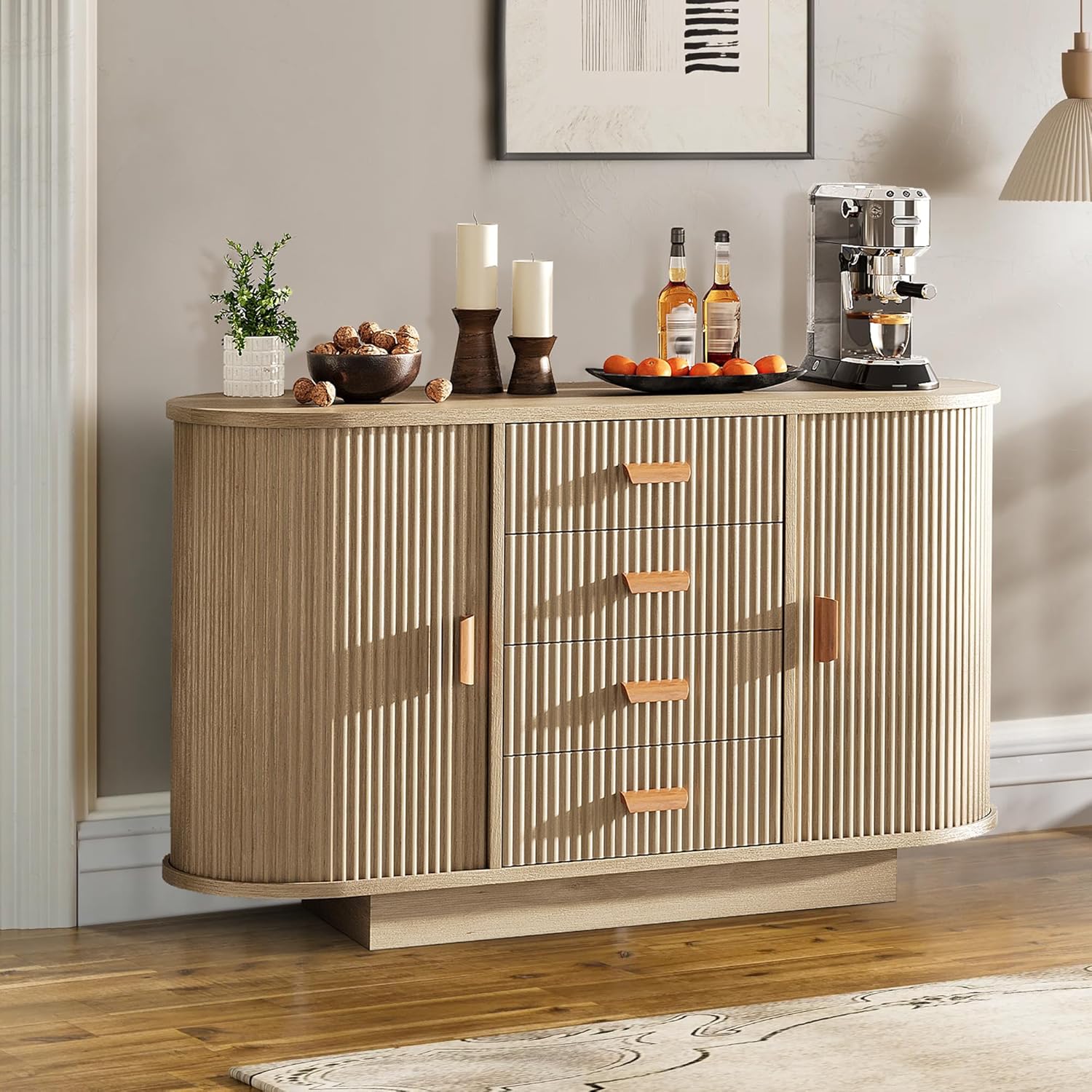 GAOMON 47 inch large fluted sideboard cabinet with four drawers and sliding doors kitchen storage coffee bar console for dining room living room light oak