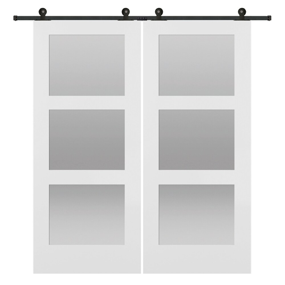 MMI DOOR ZZ366802 72-in x 82-in Primed Primed Flush Frosted glass Hardwood MDF Solid core Double Barn Door (Hardware Included)