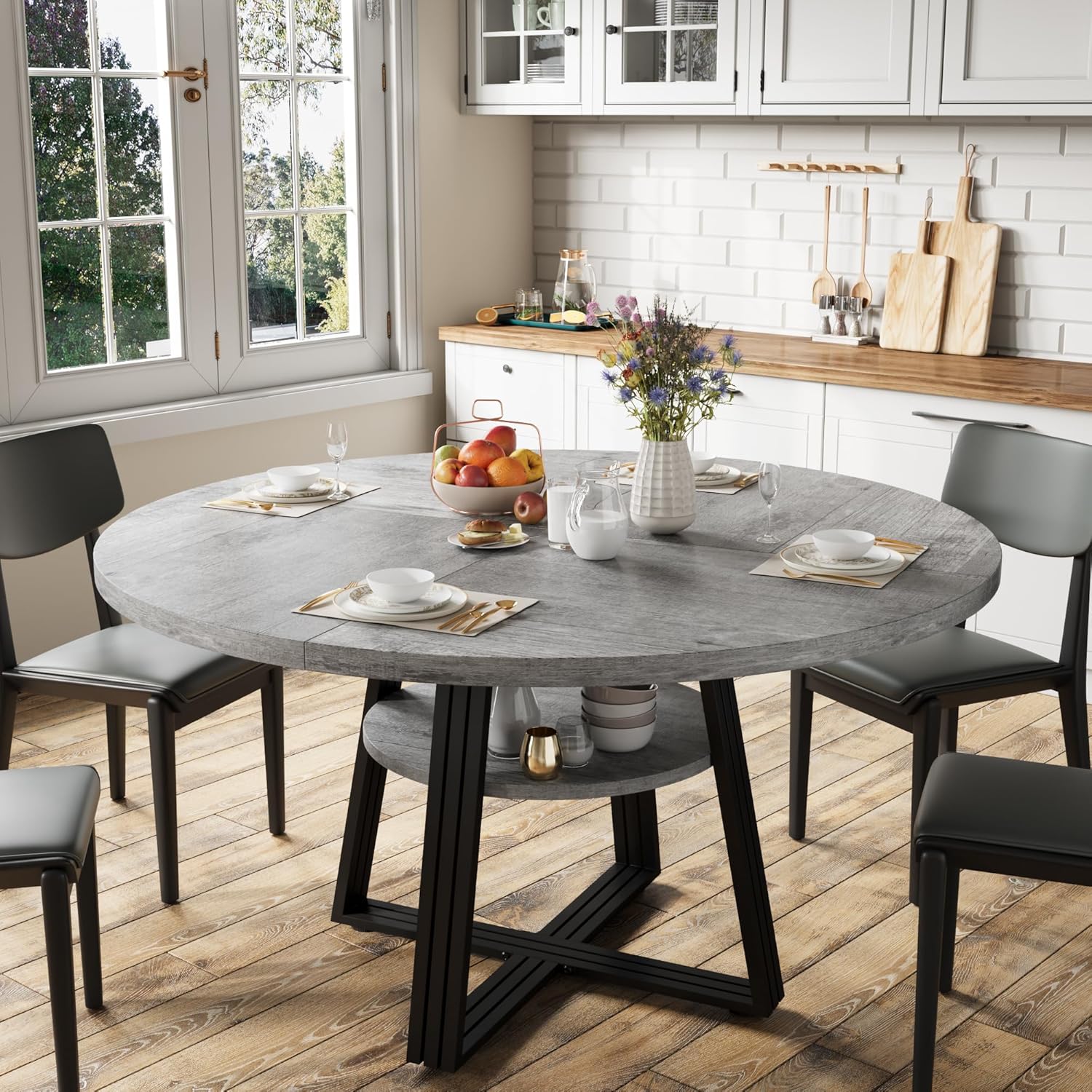 Qeetex YJCJ-PHK-349WKLL7 47.2 inch Round Dining Table for 4 6  Farmhouse Kitchen Table with Storage Shelf  Sturdy Metal Legs  Space Saving Circle Table  Grey