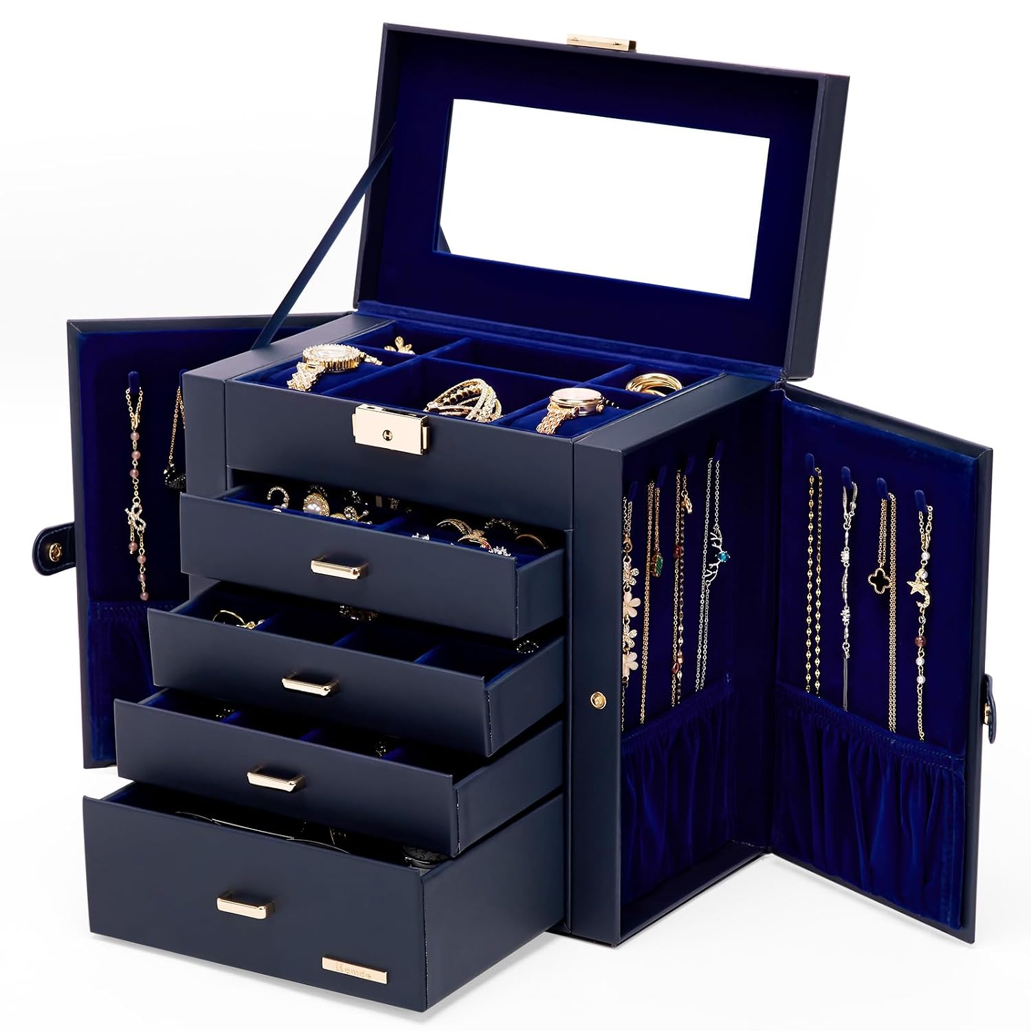 Fredees 5-Layer 4-Drawer Lockable Jewelry Box with Mirror 11.14 x 10.43 x 6.10 In Synthetic Leather Organizer for Watches Necklaces Rings Earrings Bracelets