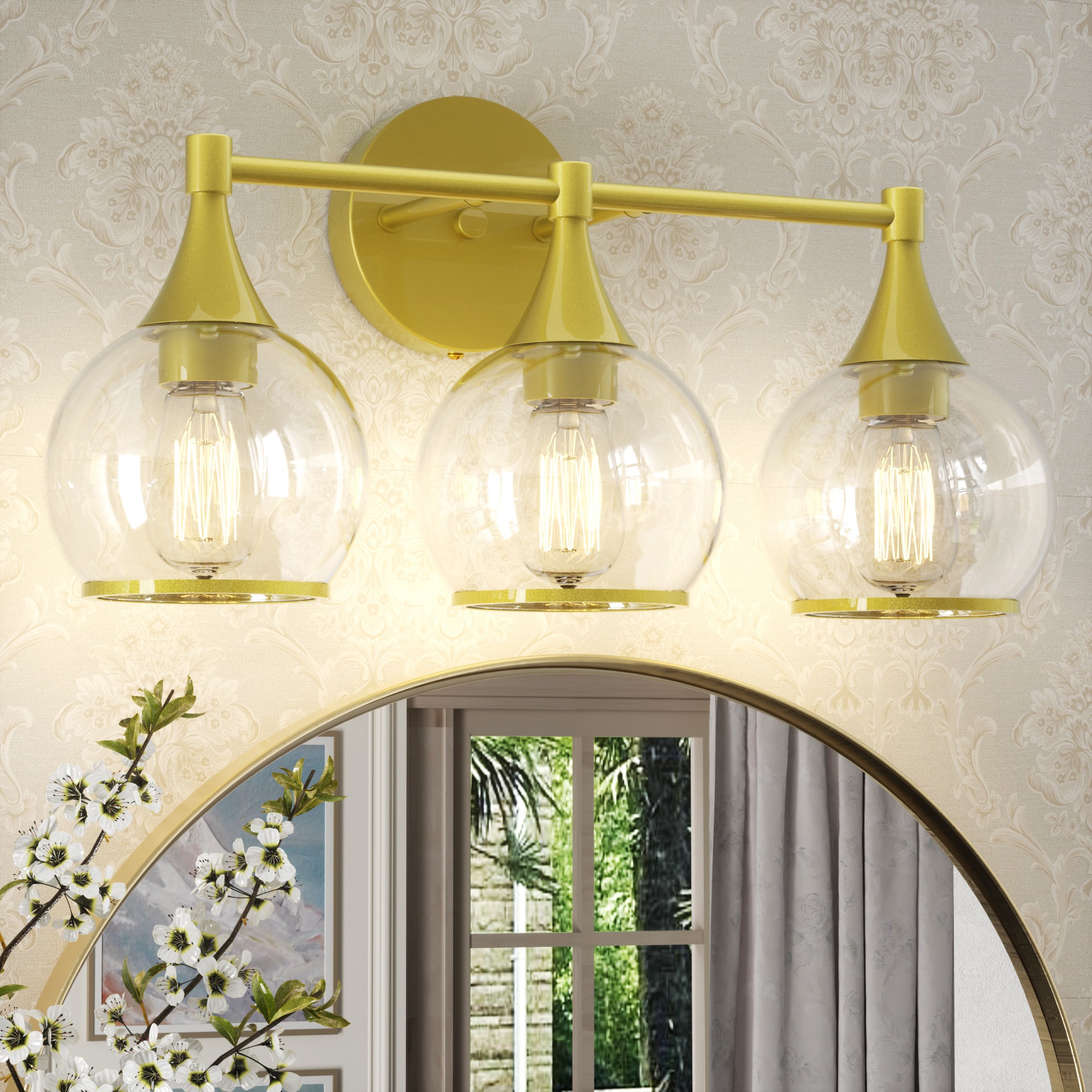 Clavie Light Dimmable Bathroom Vanity Lights with Clear Shade 25.59-in 3 Light Brushed Gold Integrated LED Modern/contemporary Bathroom Vanity light