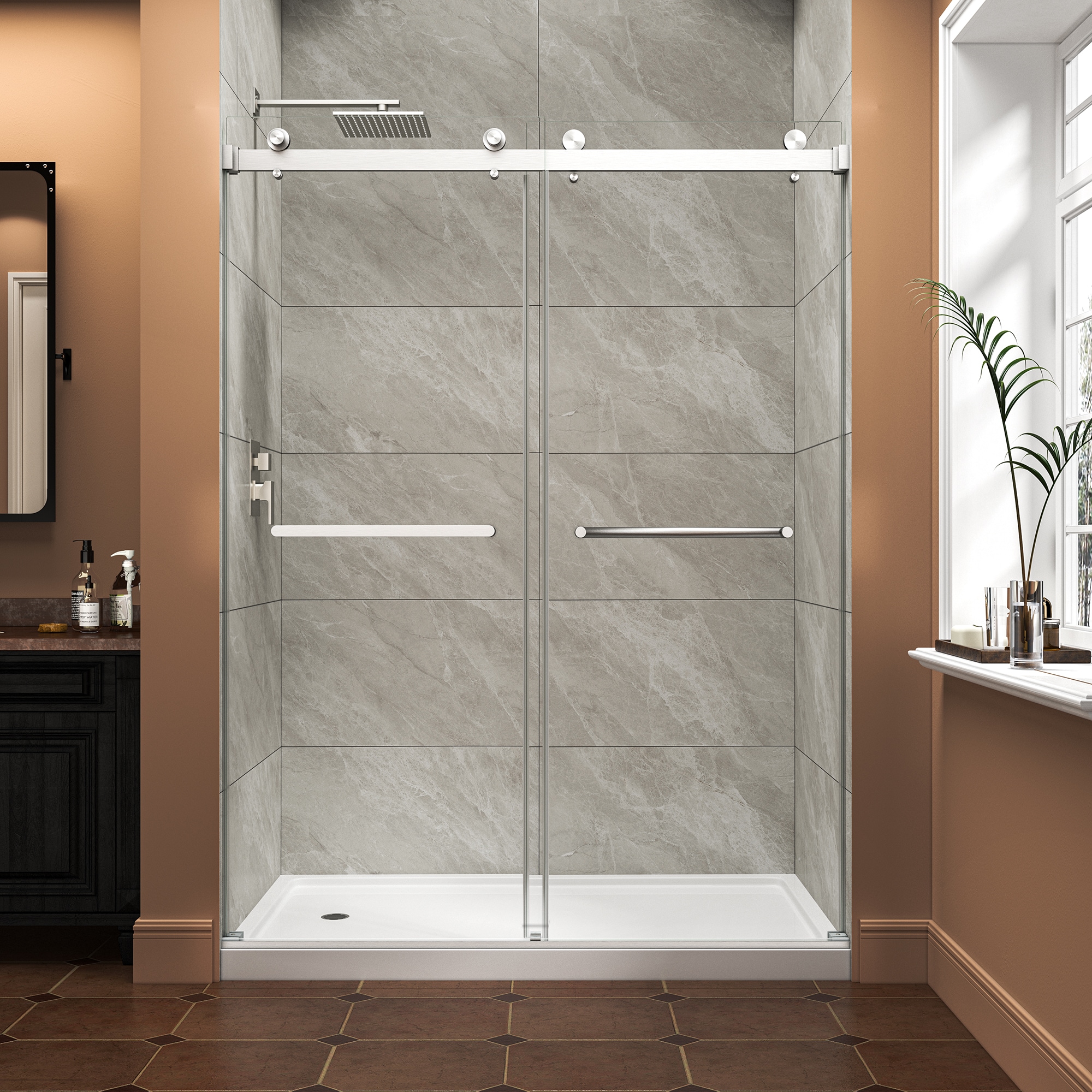 CASAINC Brushed Nickel 55-in to 60-in W x 76-in H Frameless Clear Glass Bypass Sliding Soft Close Shower door