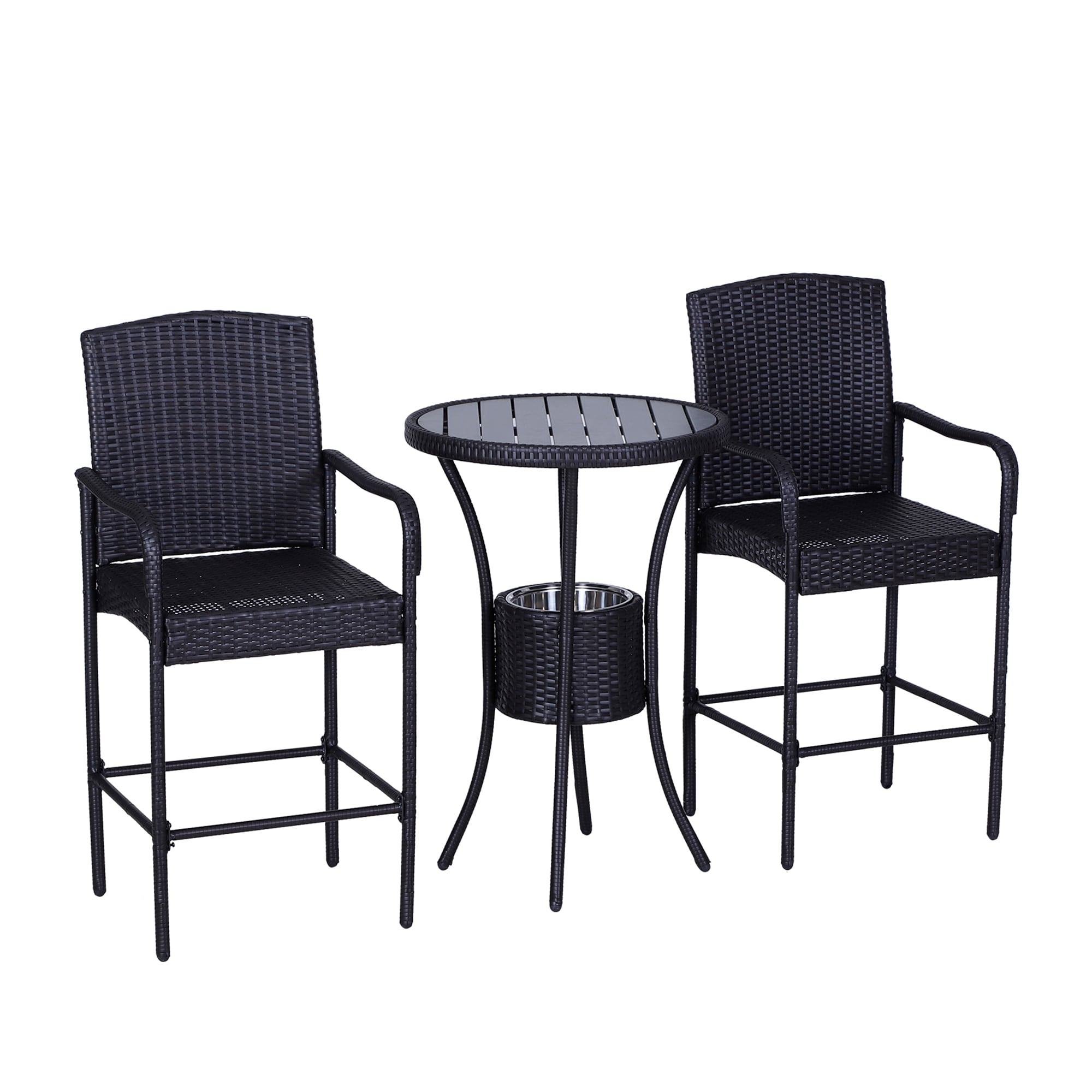 AHIOU HOME ZAAHG-P217540DS Berkeley 3 -Piece Dark Brown Wicker Balcony Height Patio Dining Set Steel Round Table with 2 Stationary Chairs