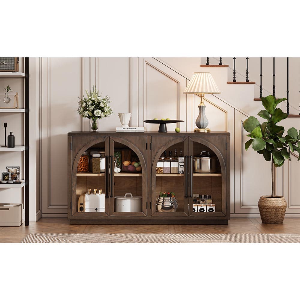JUJABU DINCABINET-7 Espresso 4-Door Large Storage Sideboard Buffet Cabinet with  Adjustable Shelves for Kitchen