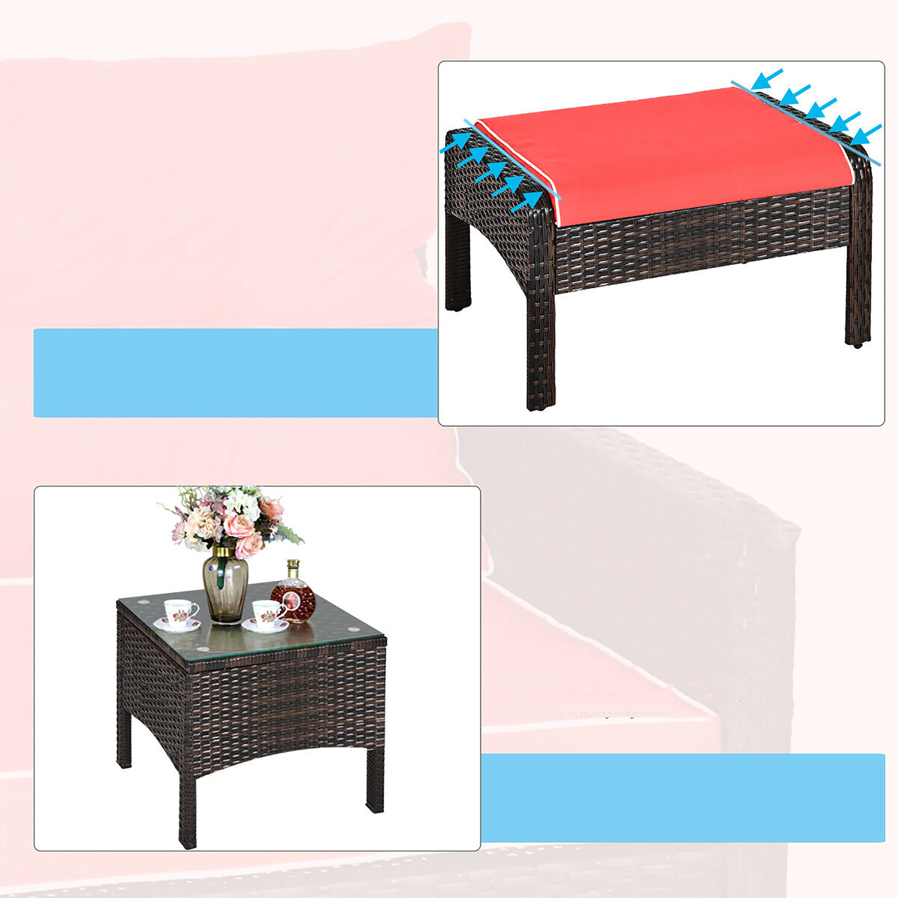 Red Cushioned 2 Person Brown Rattan Conversation Set with Glass Top Table
