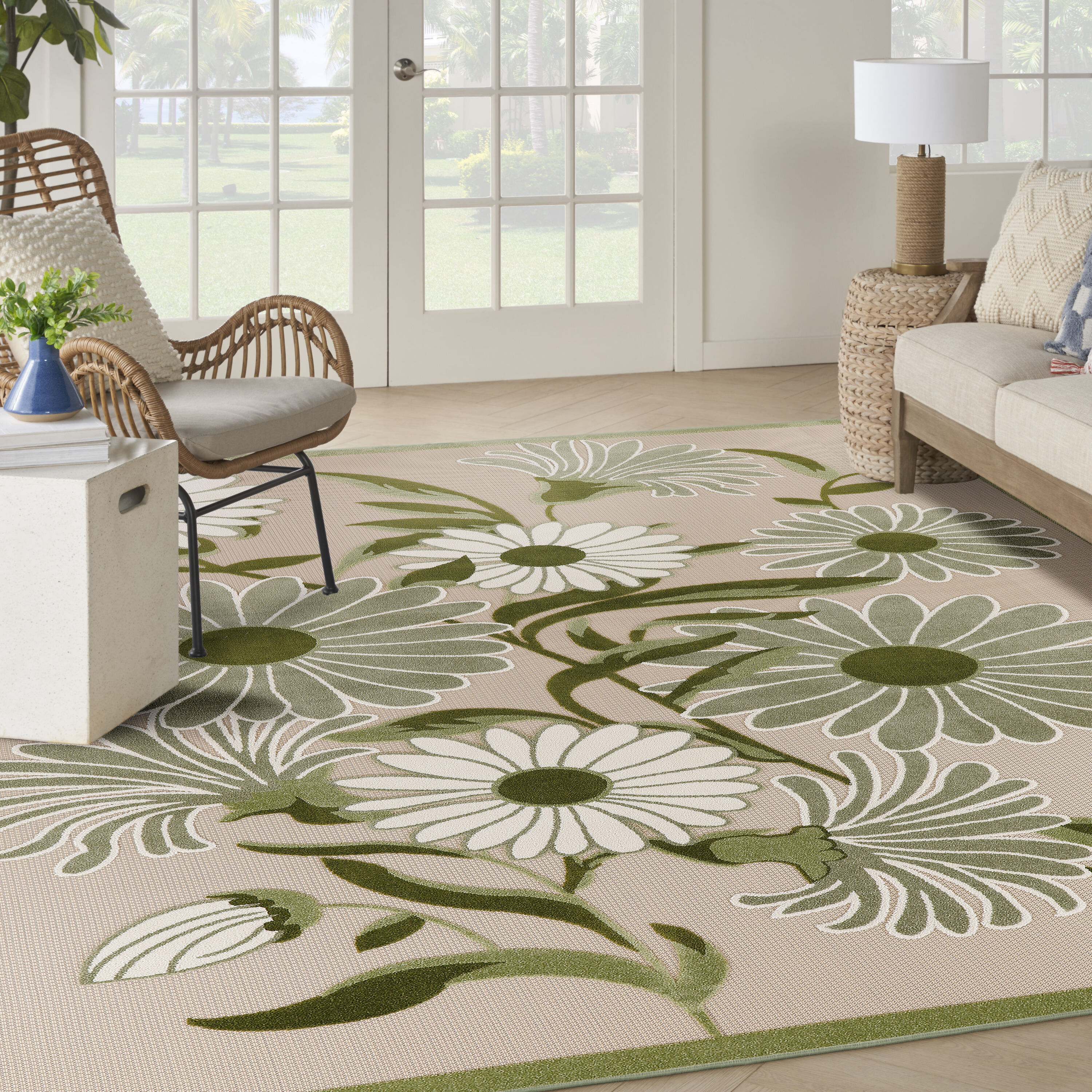 Nourison Home 099446953544 9 x 12 (ft) Loomed Polypropylene Ivory Green Rectangular Indoor/Outdoor Floral/Botanical Tropical Area rug